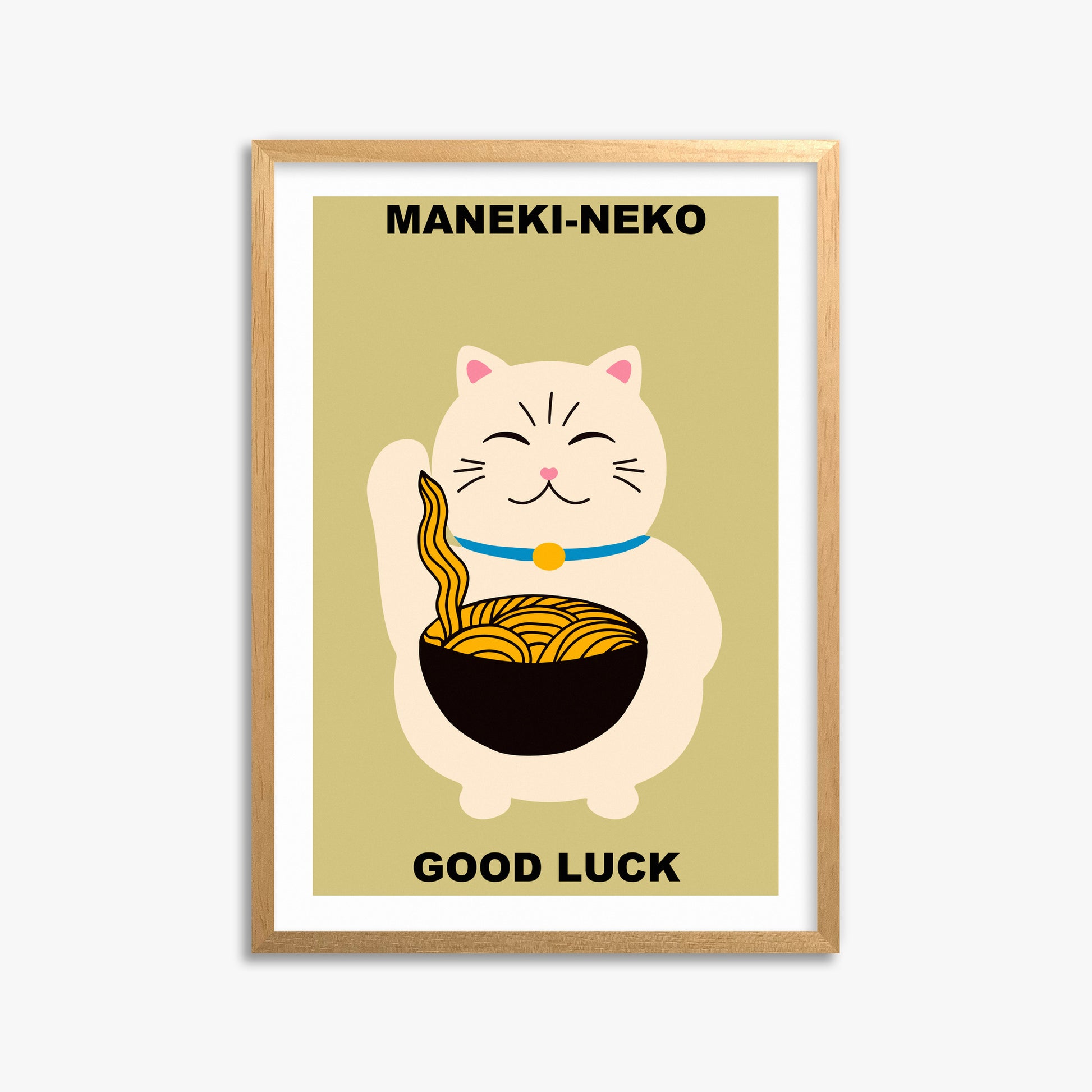 Ramen Lucky Cat, 50x70cm Framed Poster With Oak Frame
