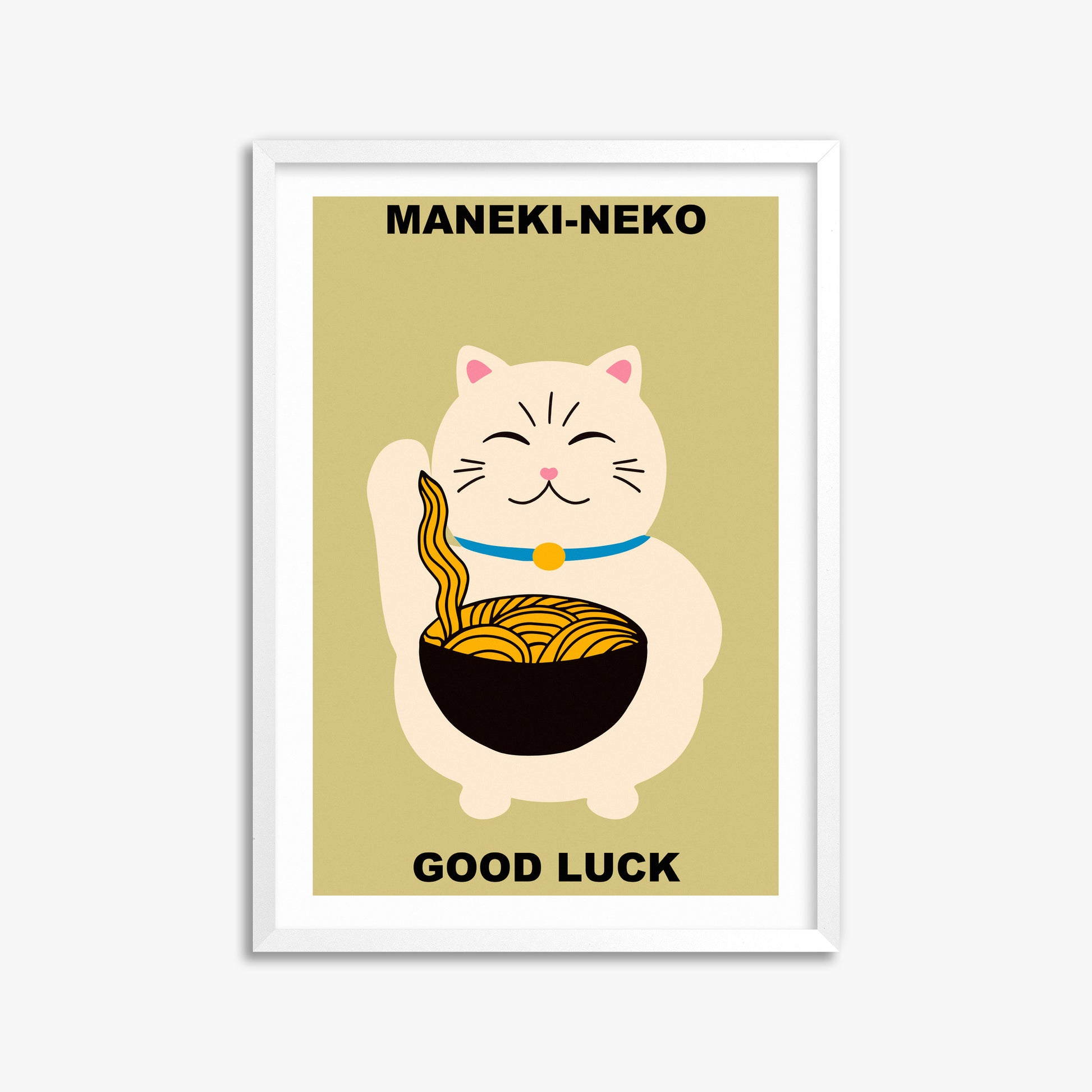 Ramen Lucky Cat, 50x70cm Framed Poster With White Frame