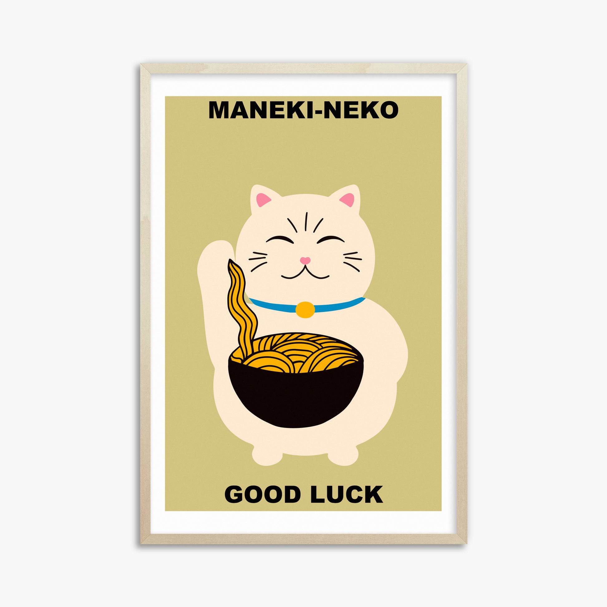 Ramen Lucky Cat, 61x91cm Framed Poster With Lime Wood Frame