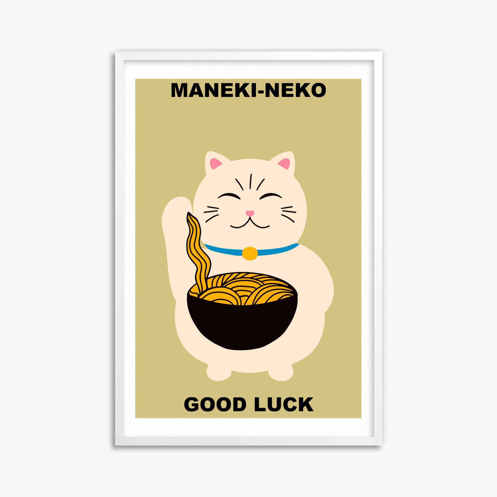 Ramen Lucky Cat, 61x91cm Framed Poster With White Frame