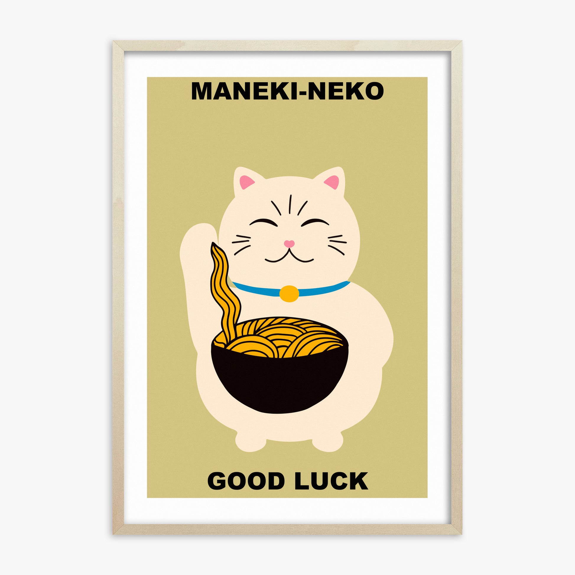 Ramen Lucky Cat, 70x100cm Framed Poster With Lime Wood Frame
