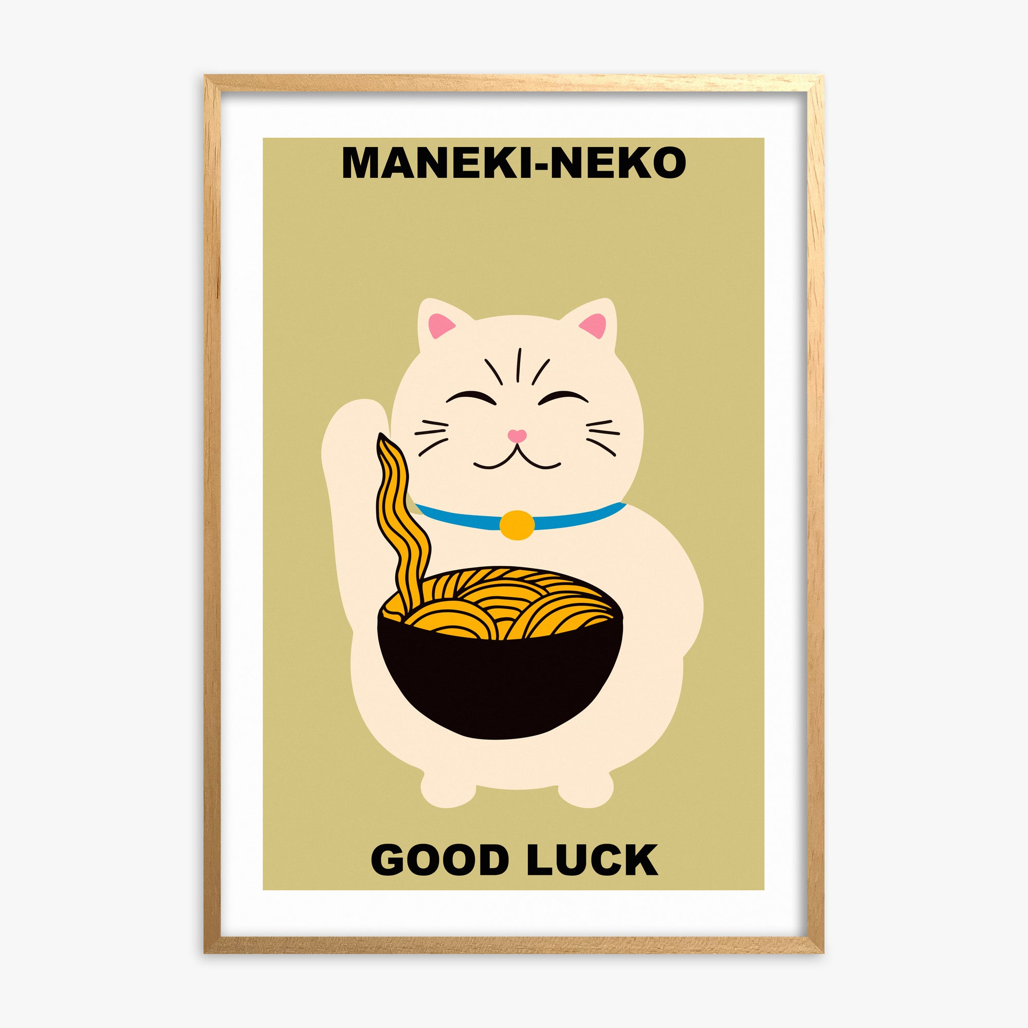 Ramen Lucky Cat, Oak Framed Poster With Oak Frame
