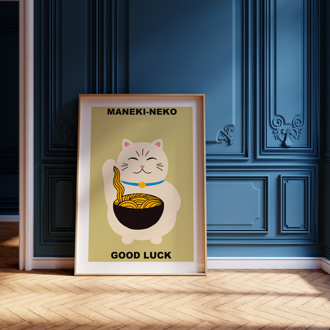 Ramen Lucky Cat, 50x70cm Framed Poster With Black Frame