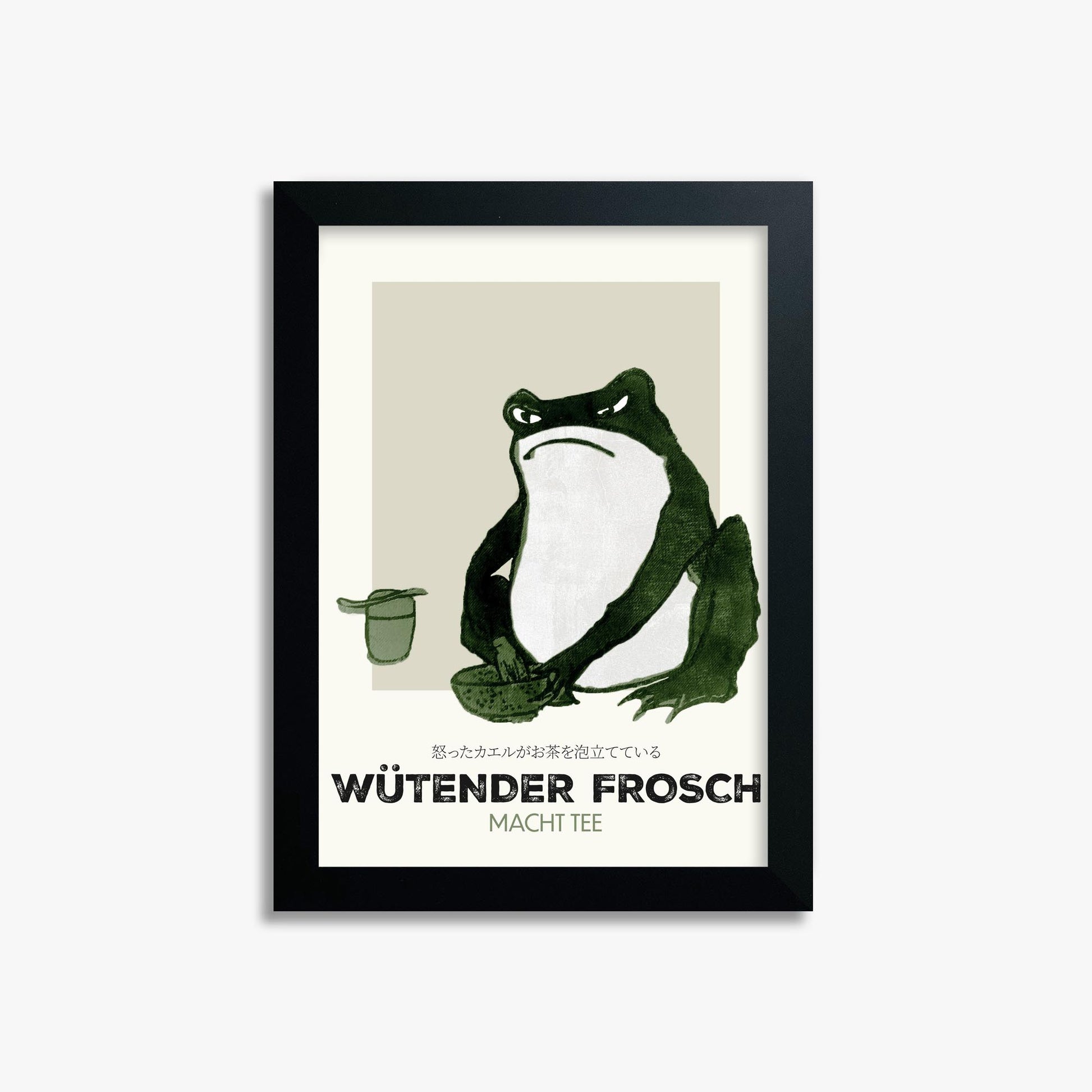 Hiroshige II: Angry frog whisking tea - Streetart-Style DE 21x30 cm Art Reproduction With Black Frame