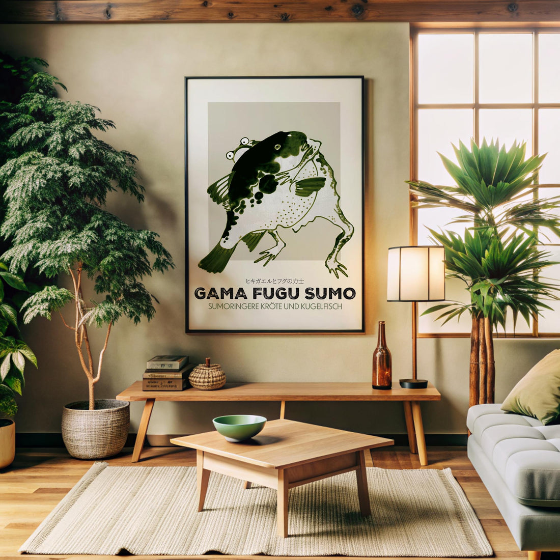 Itō Jakuchū: Toad and puffer fish sumo wrestlers - Streetart-Style DE 50x70 cm Art Reproduction With Black Frame