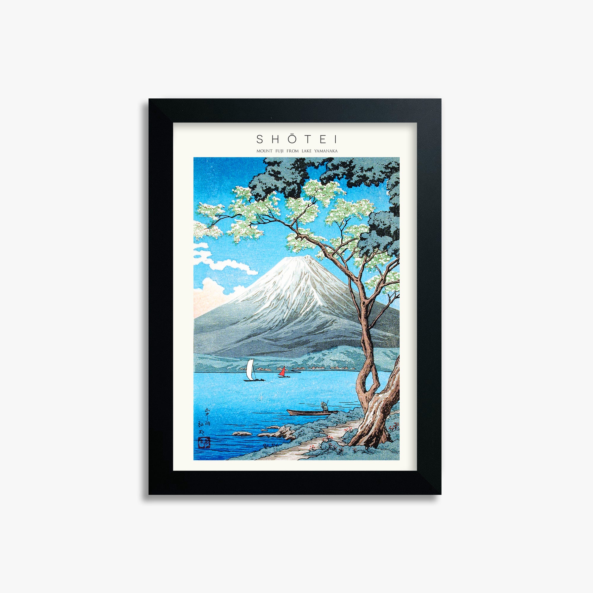 Shōtei: Mount Fuji from Lake Yamanaka - Japandi, 21x30cm Framed Art Reproduction With Black Frame