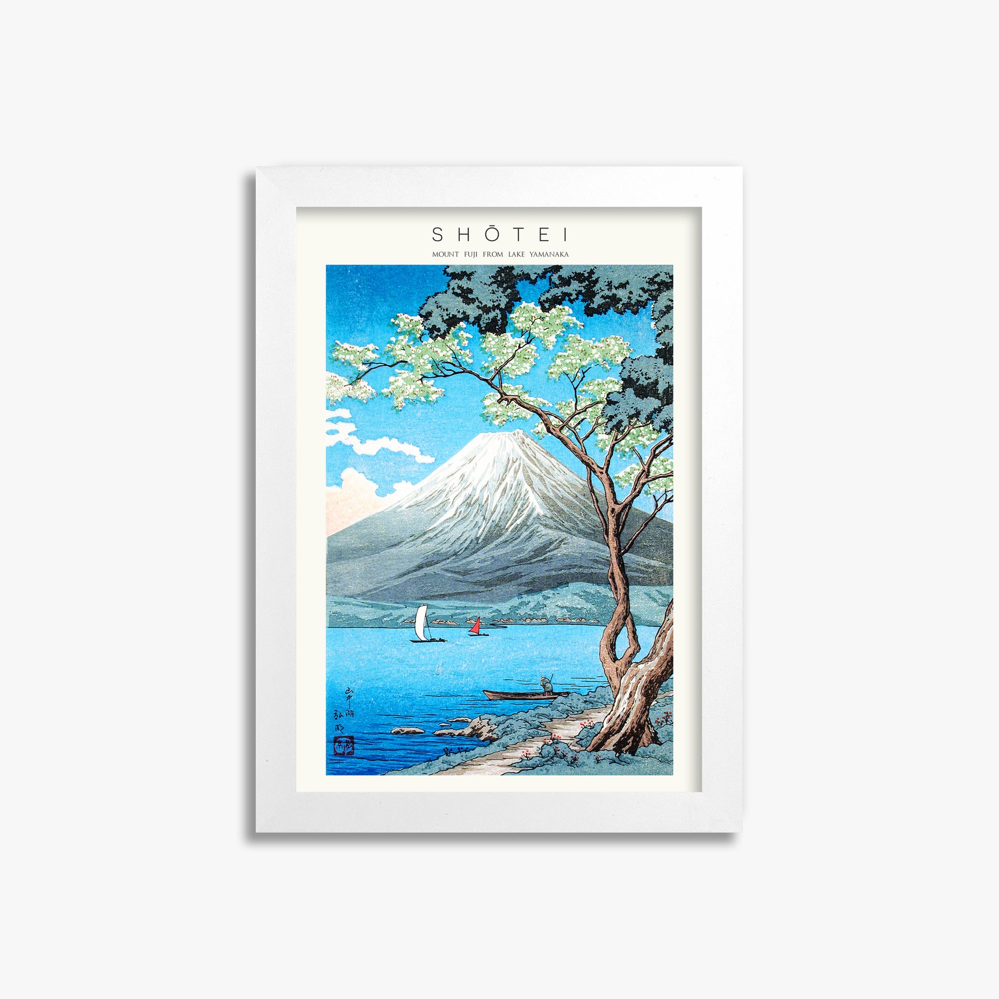 Shōtei: Mount Fuji from Lake Yamanaka - Japandi, 21x30cm Framed Art Reproduction With White Frame