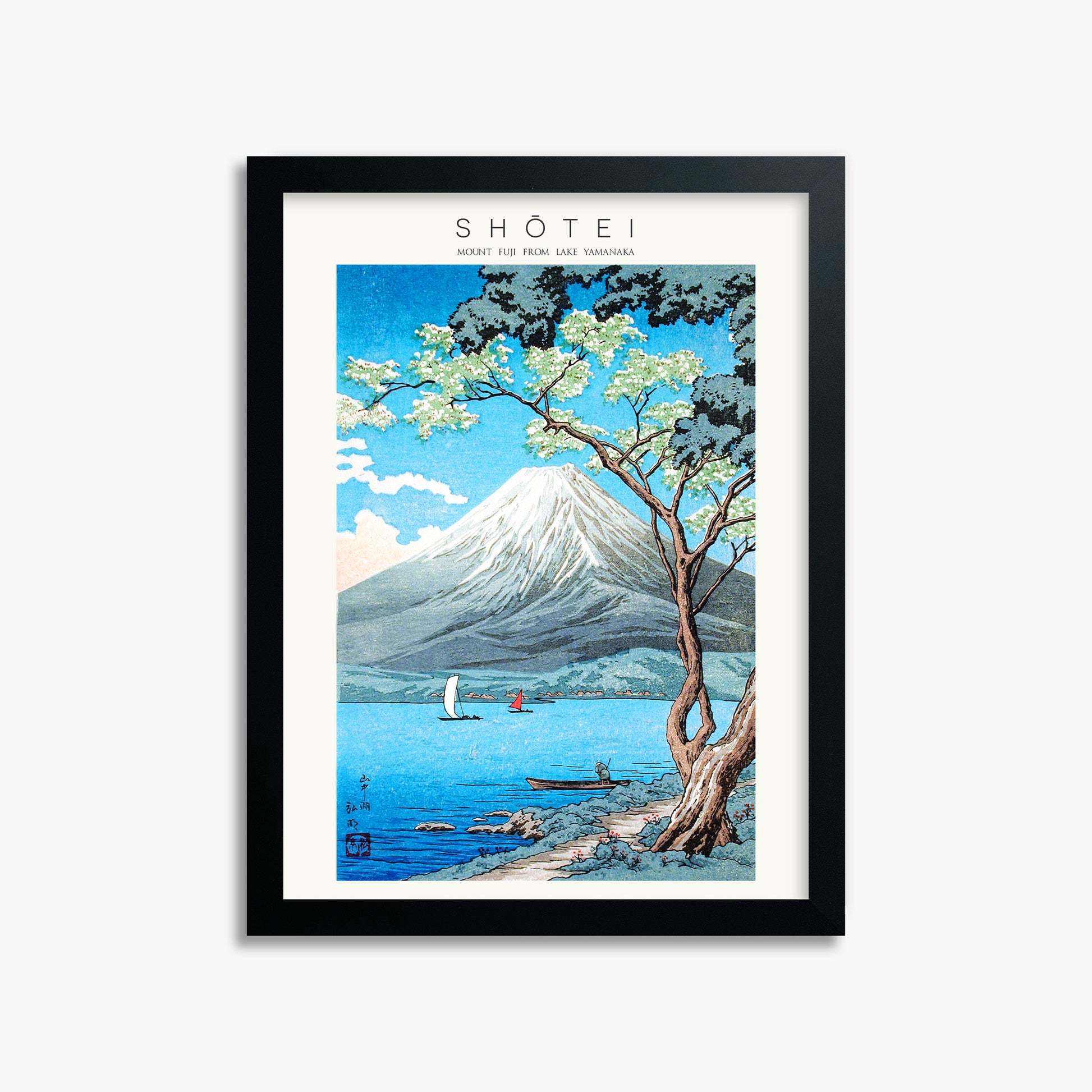 Shōtei: Mount Fuji from Lake Yamanaka - Japandi, 30x40cm Framed Art Reproduction With Black Frame