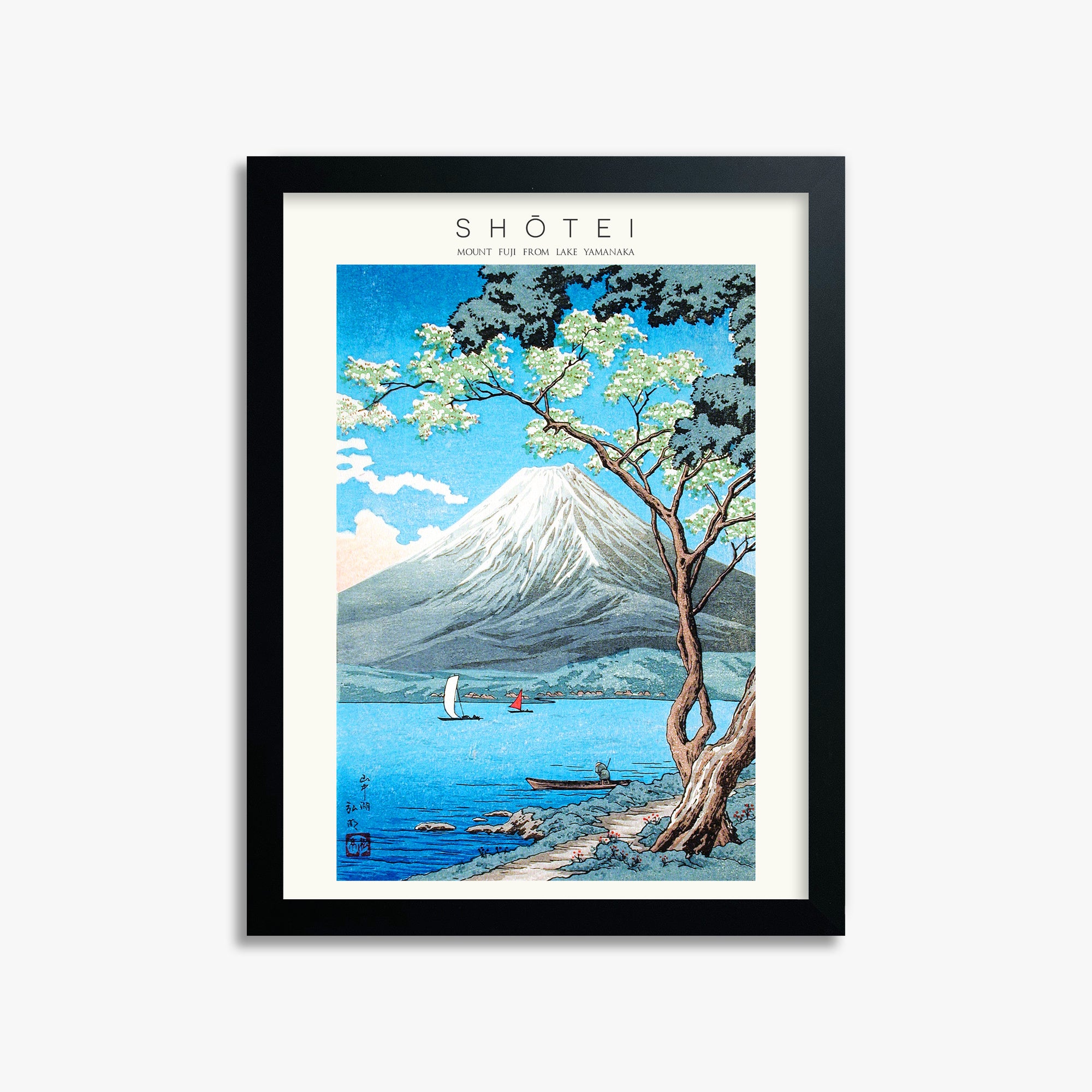 Shōtei: Mount Fuji from Lake Yamanaka - Japandi, 30x40cm Framed Art Reproduction With Black Frame