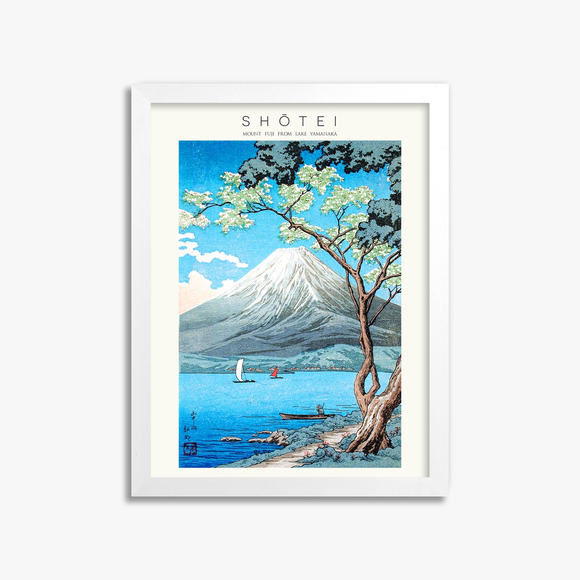 Shōtei: Mount Fuji from Lake Yamanaka - Japandi, 30x40cm Framed Art Reproduction With White Frame