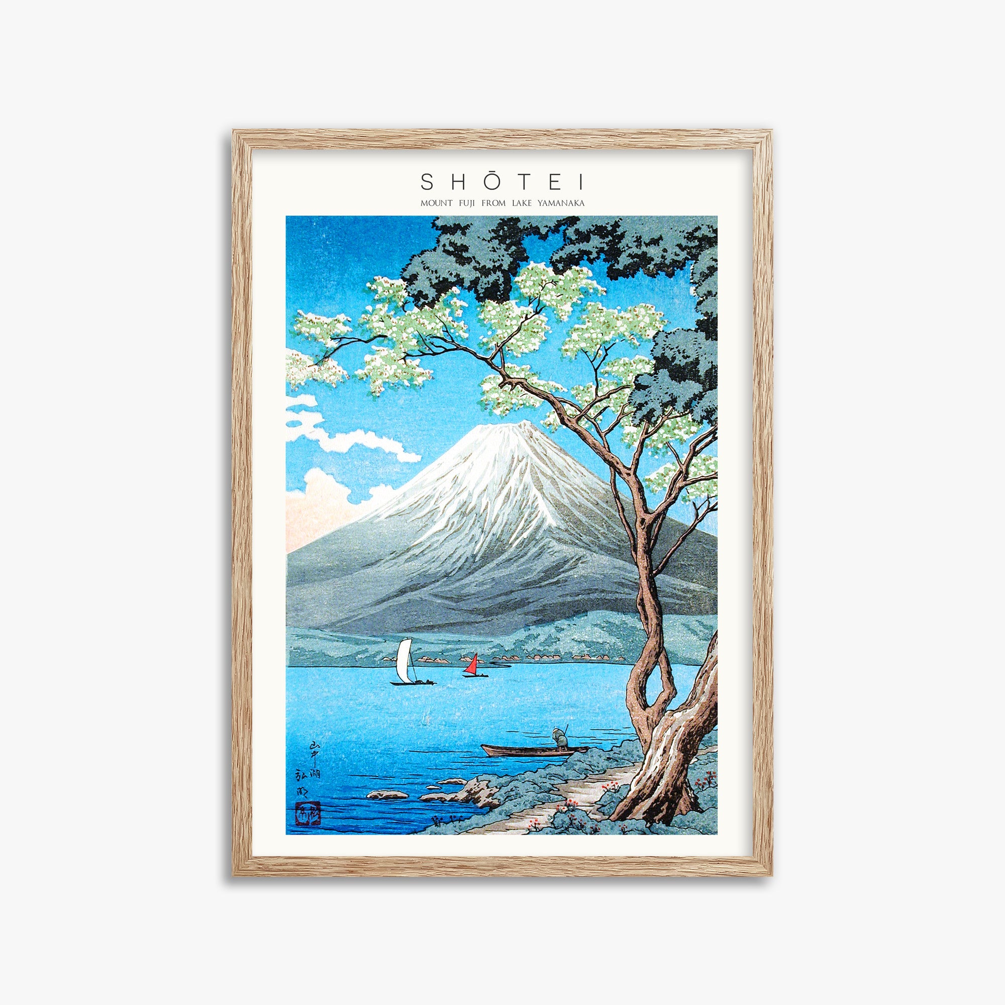 Shōtei: Mount Fuji from Lake Yamanaka - Japandi, 50x70cm Framed Art Reproduction With Raw Oak Frame