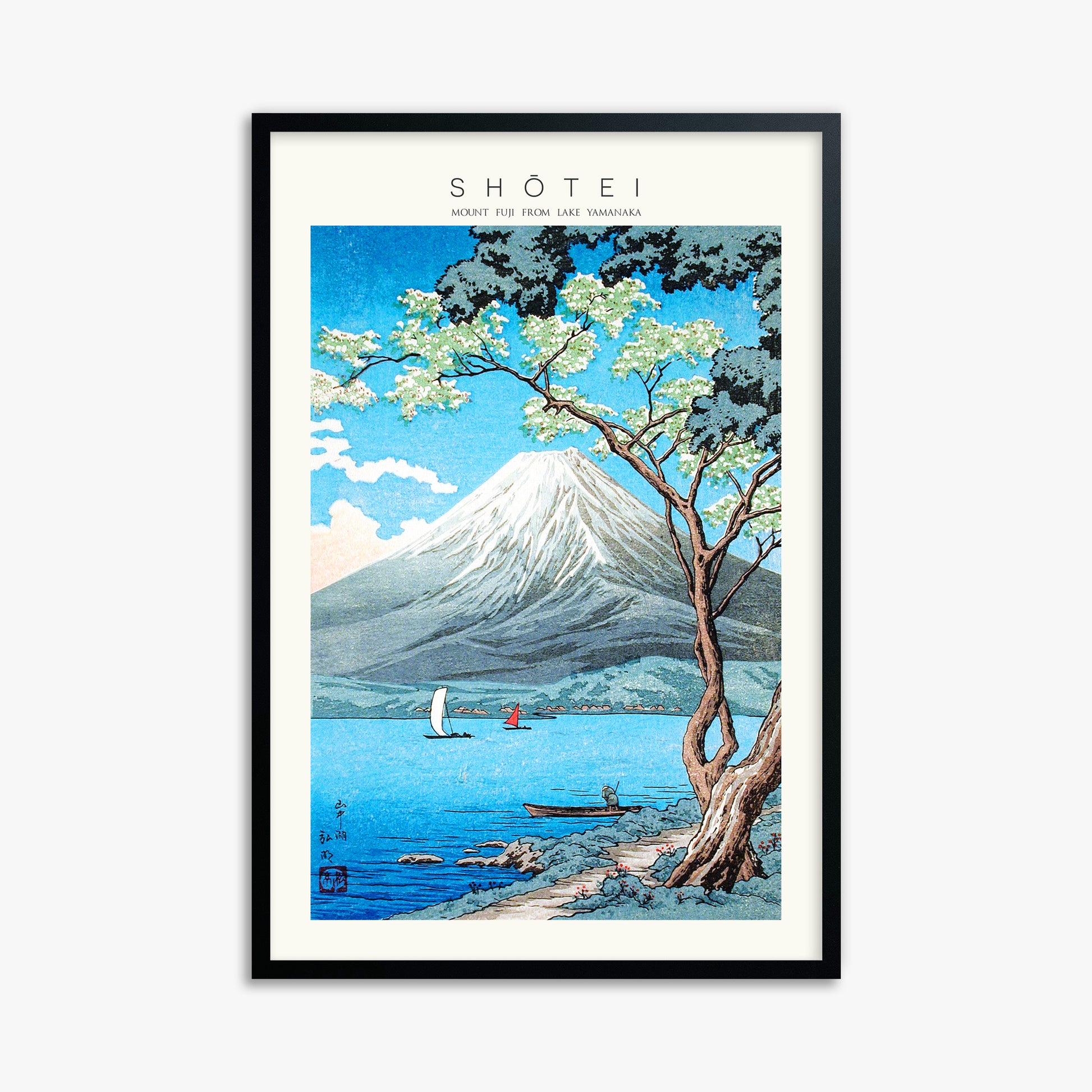 Shōtei: Mount Fuji from Lake Yamanaka - Japandi, 61x91cm Framed Art Reproduction With Black Frame