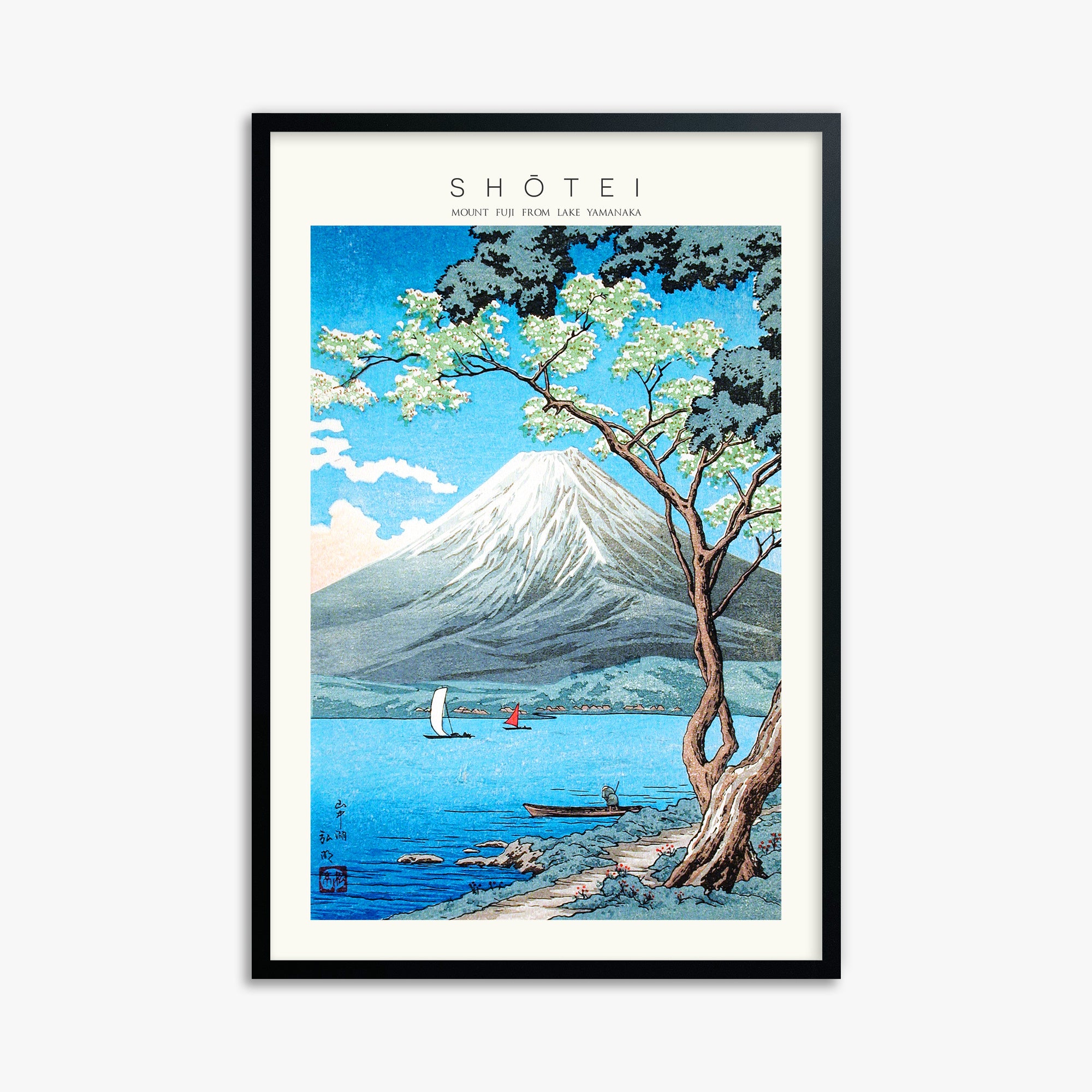 Shōtei: Mount Fuji from Lake Yamanaka - Japandi, 61x91cm Framed Art Reproduction With Black Frame