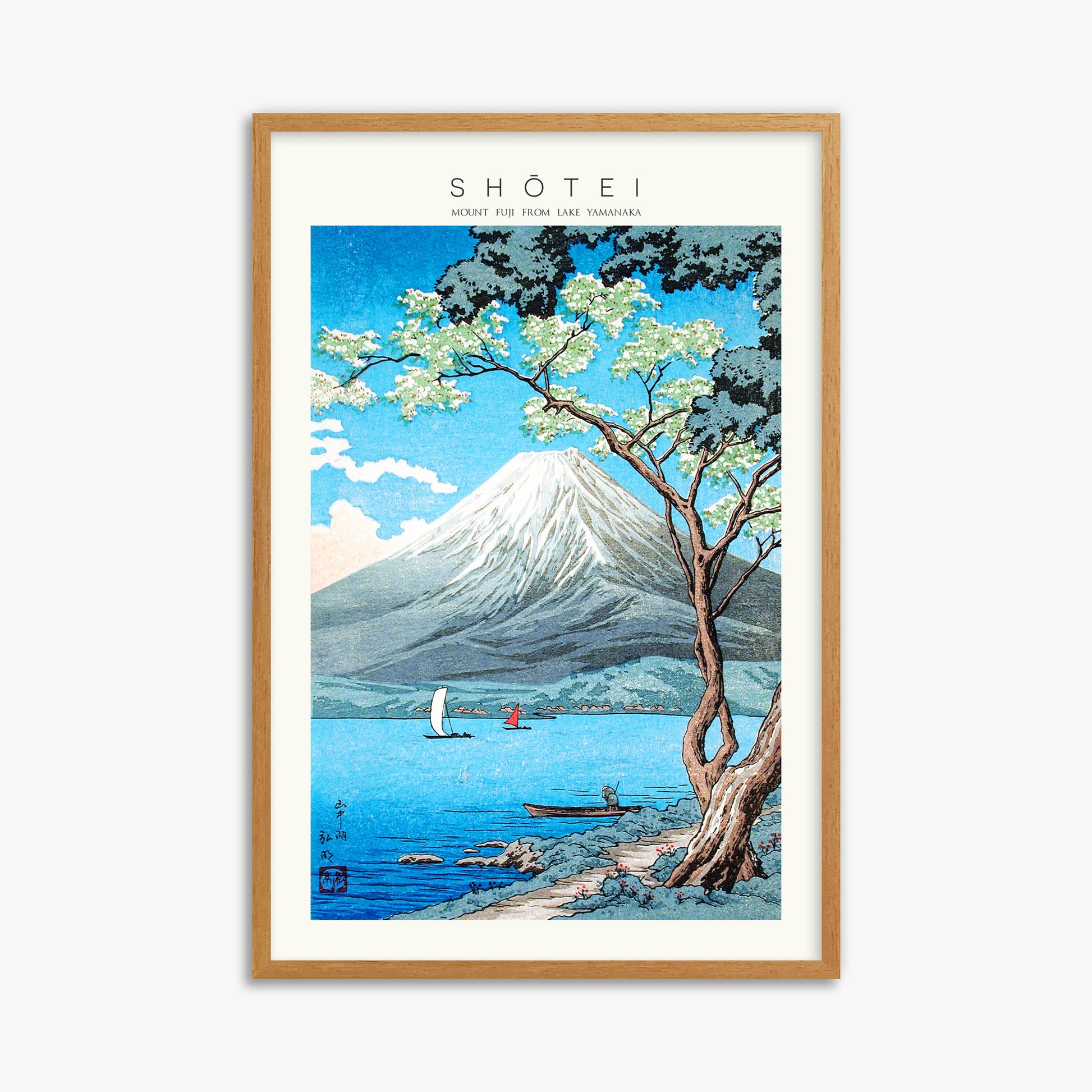 Shōtei: Mount Fuji from Lake Yamanaka - Japandi, 61x91cm Framed Art Reproduction With Oak Frame