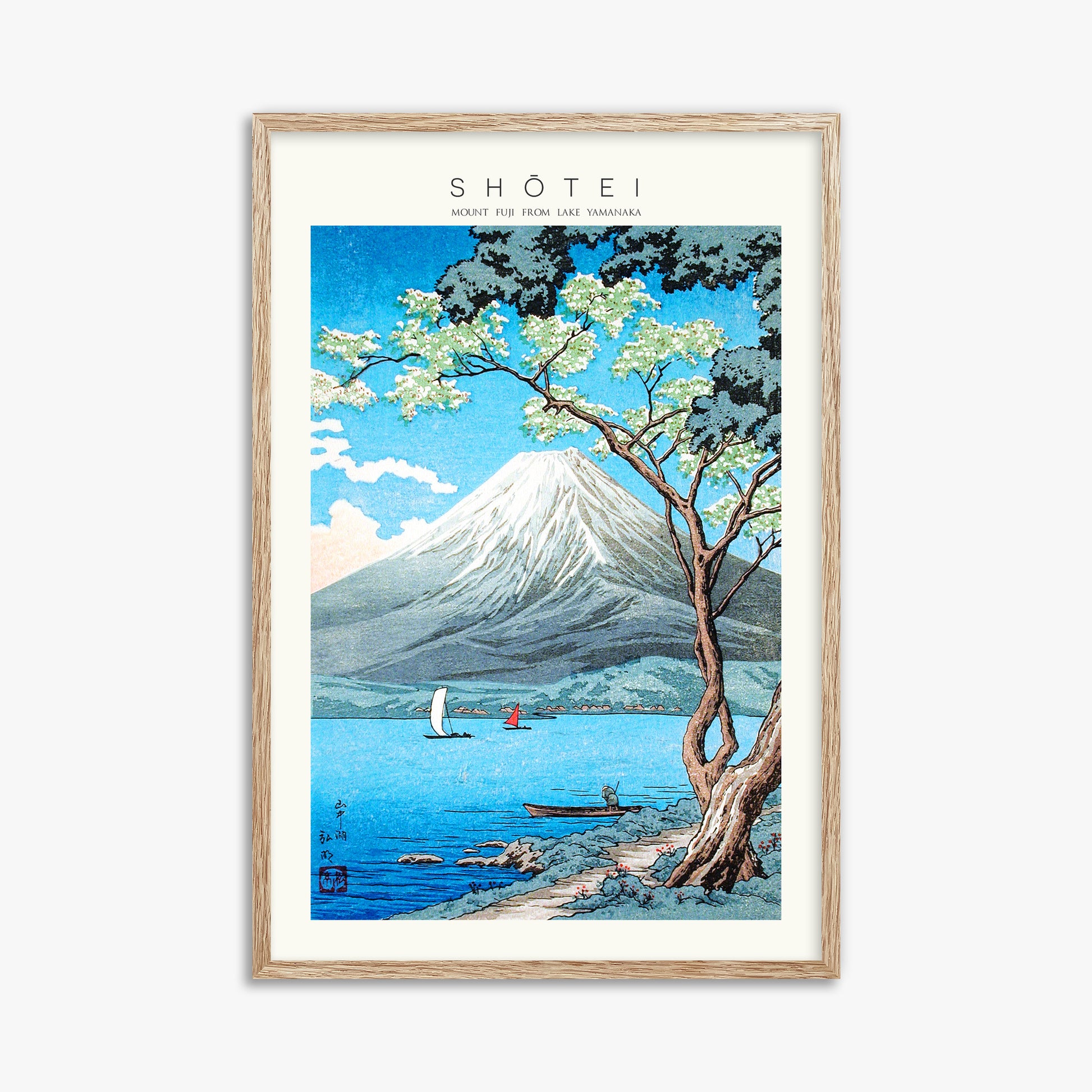 Shōtei: Mount Fuji from Lake Yamanaka - Japandi, 61x91cm Framed Art Reproduction With Raw Oak Frame