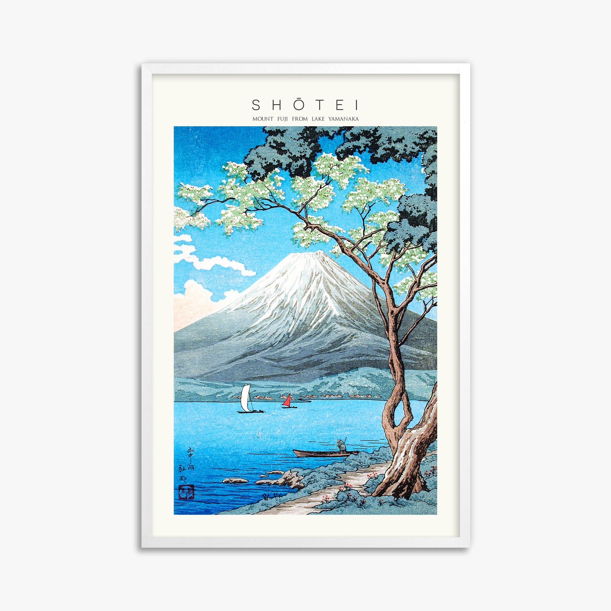 Shōtei: Mount Fuji from Lake Yamanaka - Japandi, 61x91cm Framed Art Reproduction With White Frame