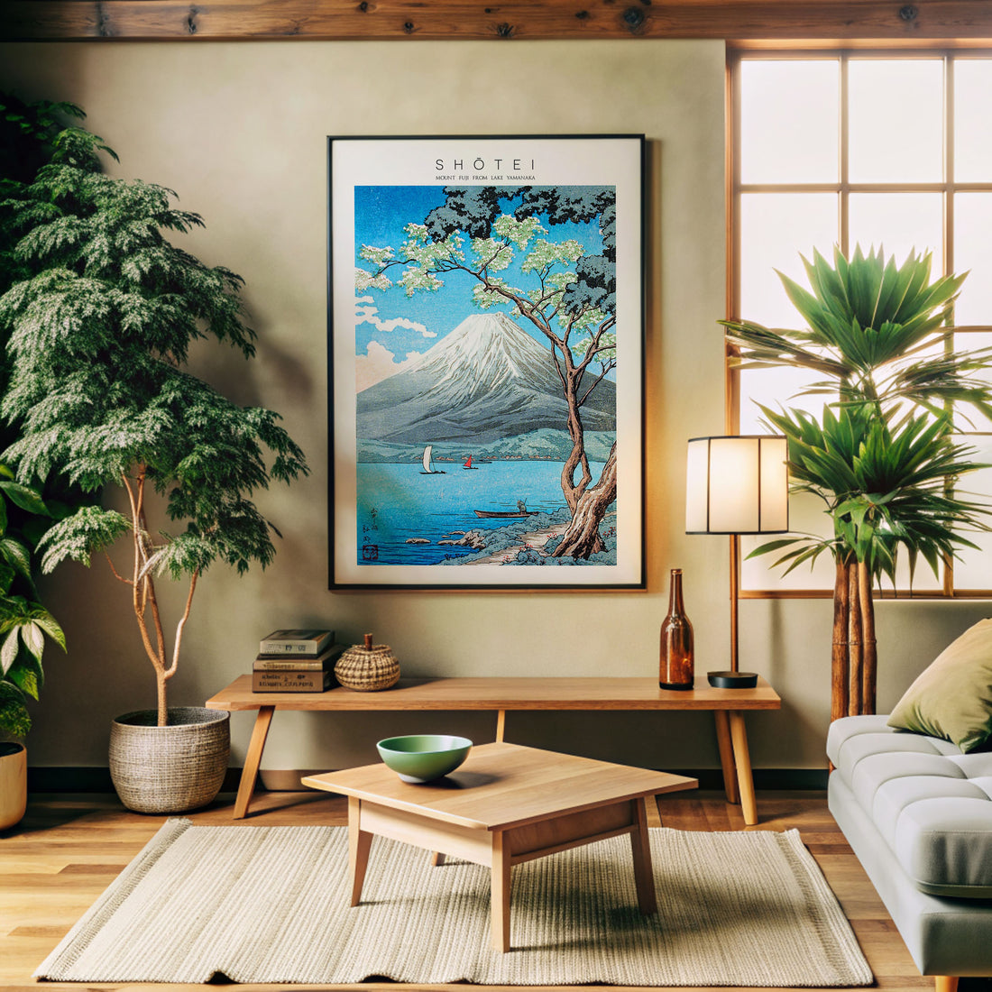 Shōtei: Mount Fuji from Lake Yamanaka - Japandi, 50x70cm Framed Art Reproduction With Black Frame