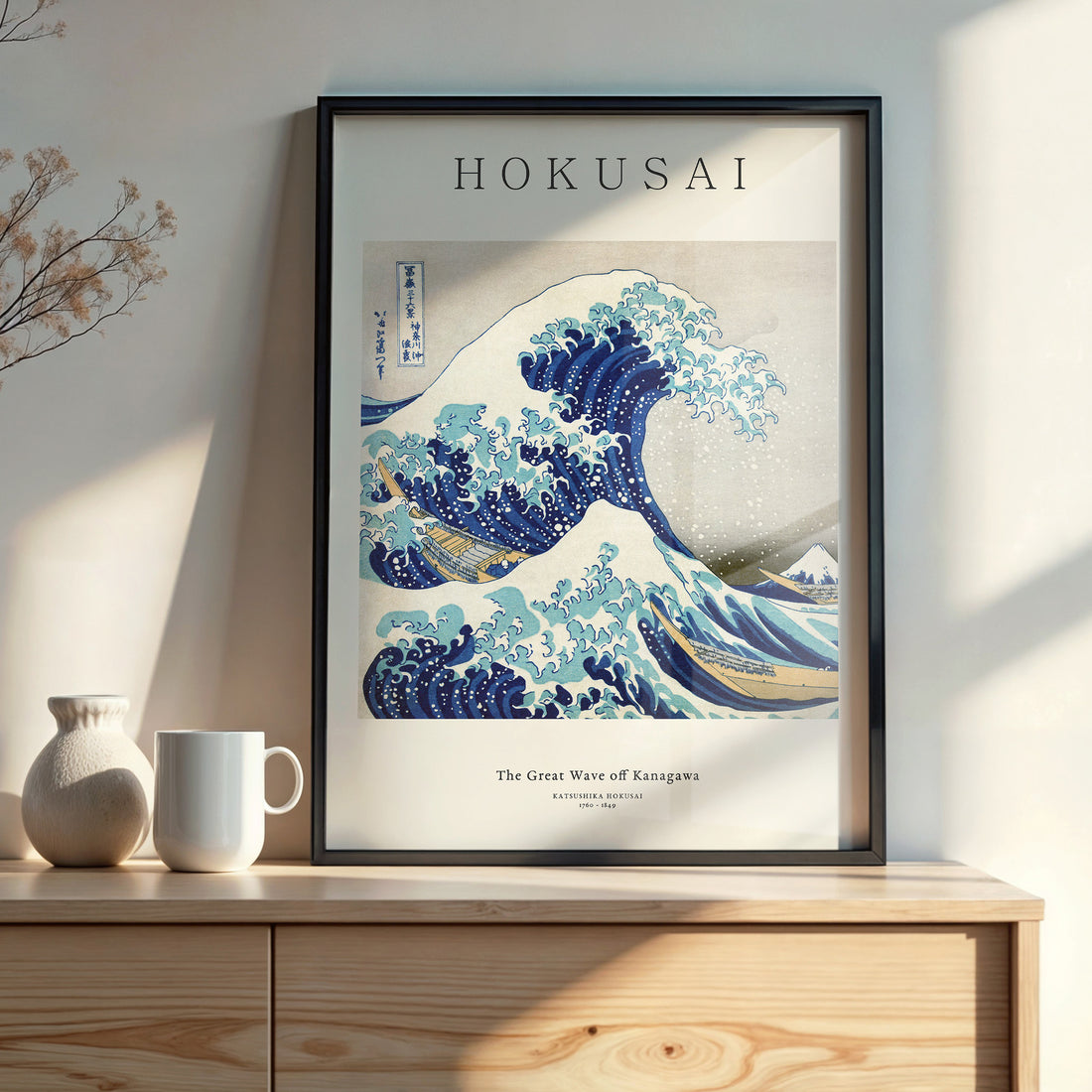 Katsushika Hokusai: The Great Wave off Kanagawa - Japandi, 50x70cm Framed Art Reproduction With Black Frame