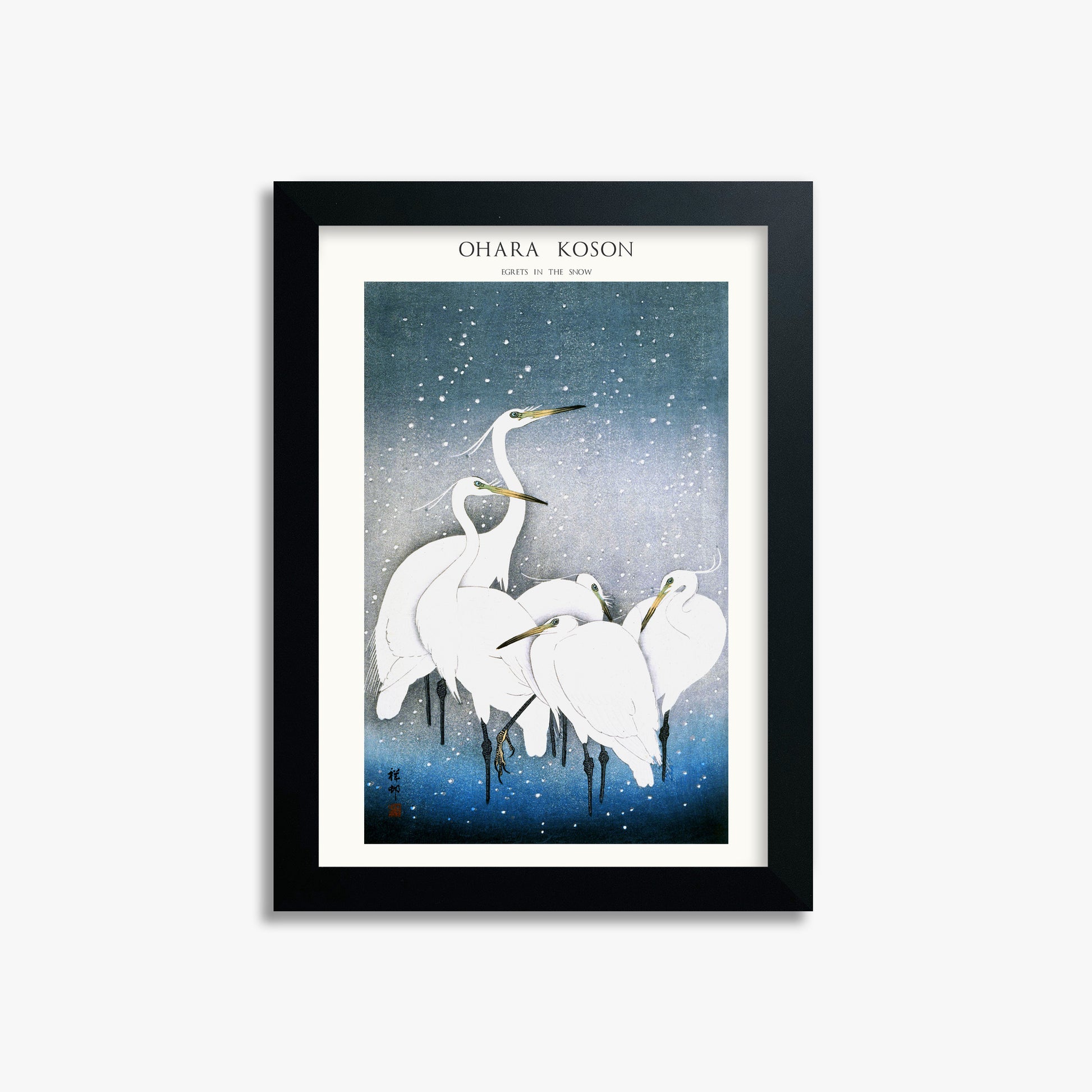 Ohara Koson: Egrets in the Snow - Japandi, 21x30cm Framed Art Reproduction With Black Frame