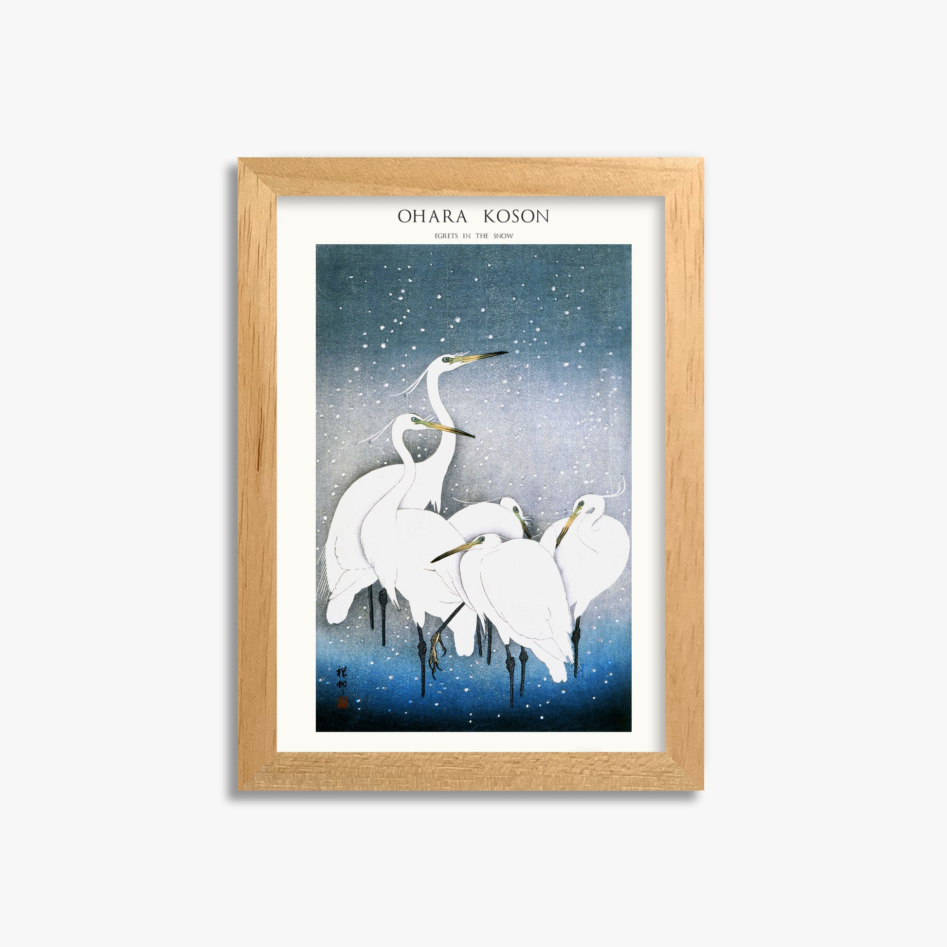 Ohara Koson: Egrets in the Snow - Japandi, 21x30cm Framed Art Reproduction With Oak Frame