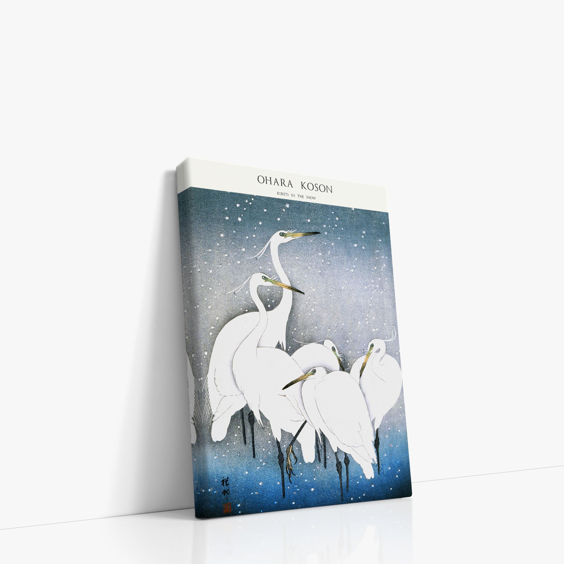 Ohara Koson: Egrets in the Snow - Japandi, 21x30cm Satin Canvas Art Reproduction Left Angle