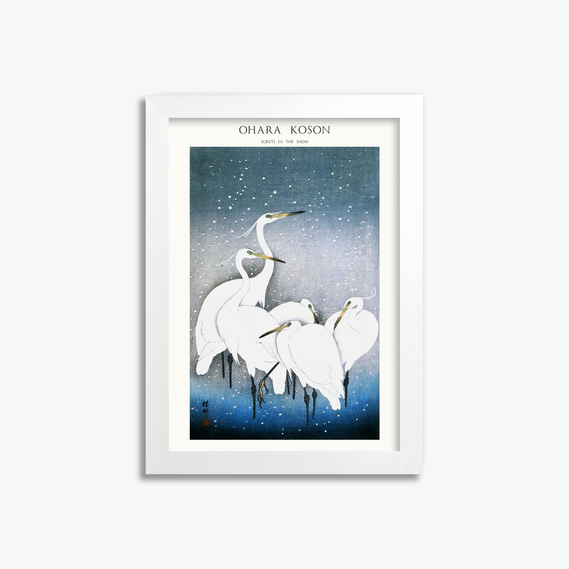 Ohara Koson: Egrets in the Snow - Japandi, 21x30cm Framed Art Reproduction With White Frame