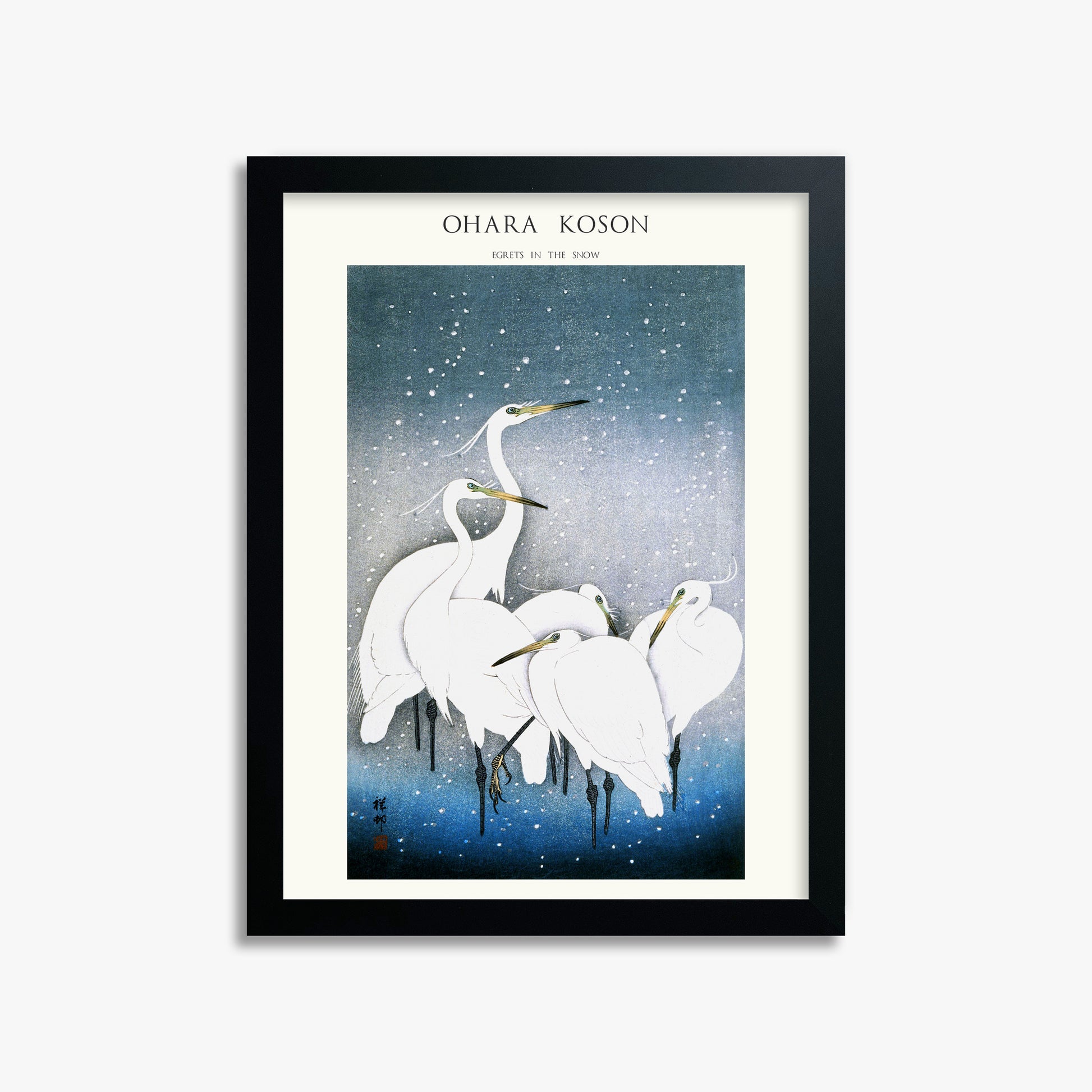 Ohara Koson: Egrets in the Snow - Japandi, 30x40cm Framed Art Reproduction With Black Frame