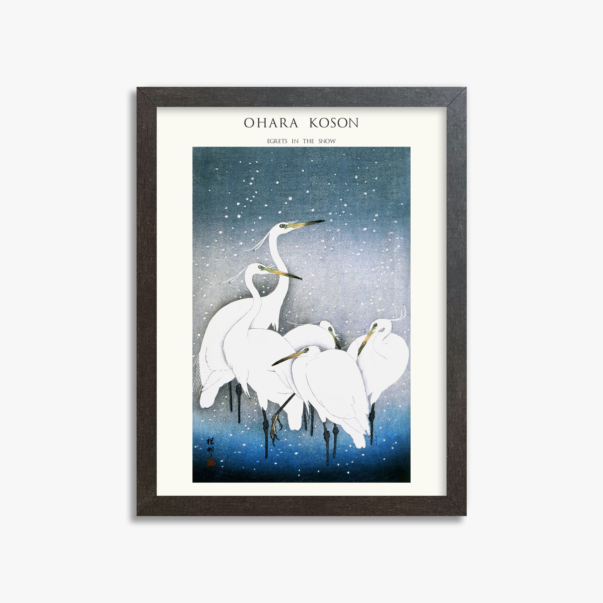 Ohara Koson: Egrets in the Snow - Japandi, 30x40cm Framed Art Reproduction With Espresso Frame