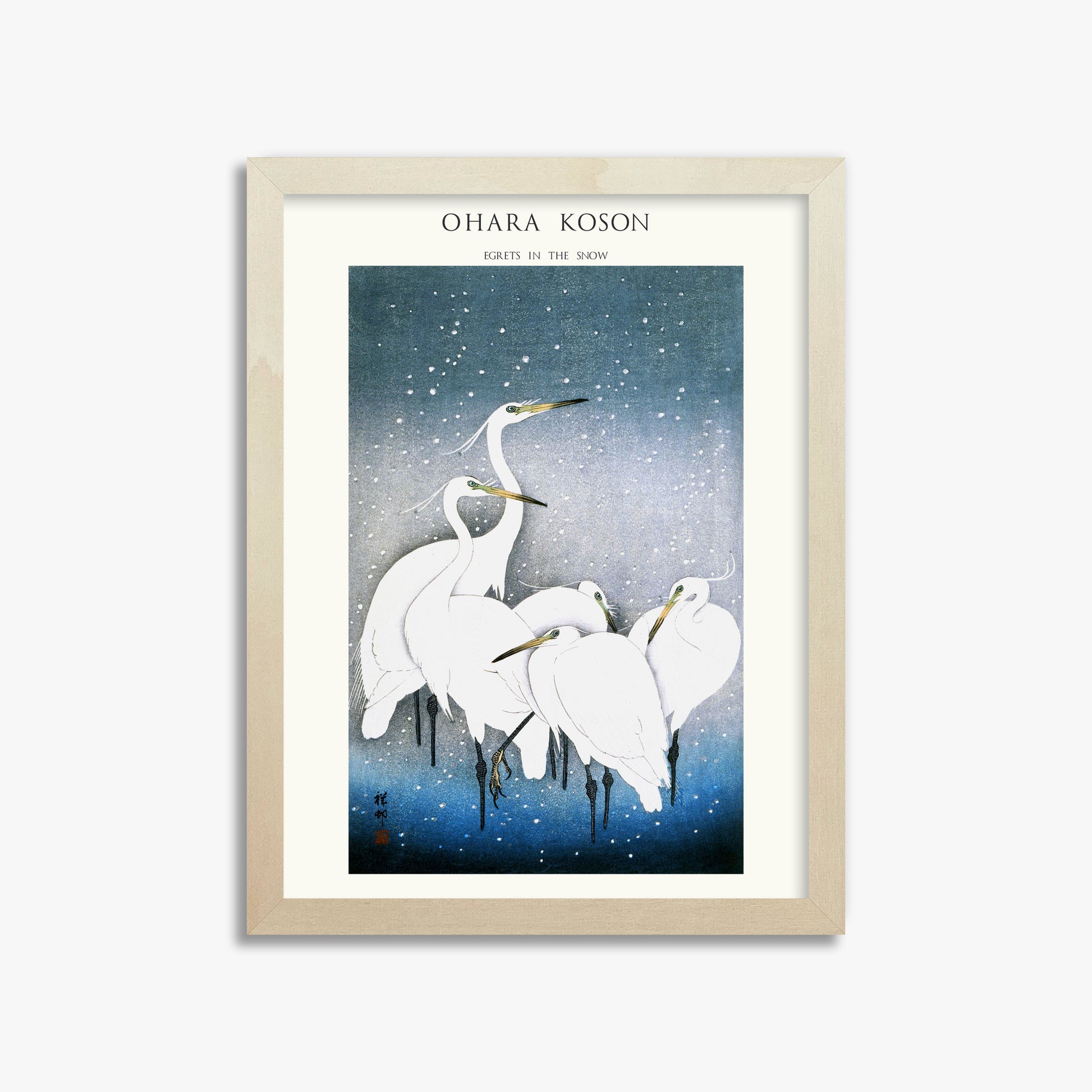 Ohara Koson: Egrets in the Snow - Japandi, 30x40cm Framed Art Reproduction With Lime Wood Frame
