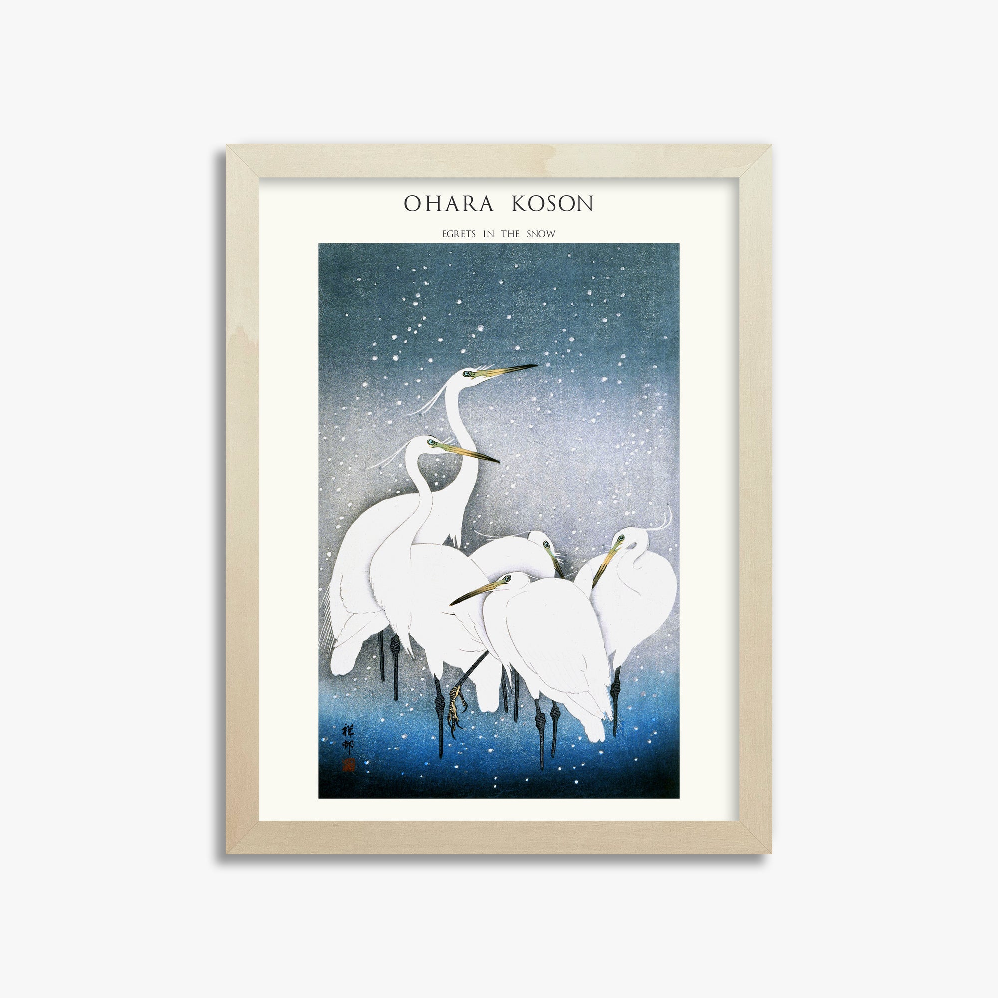 Ohara Koson: Egrets in the Snow - Japandi, 30x40cm Framed Art Reproduction With Lime Wood Frame