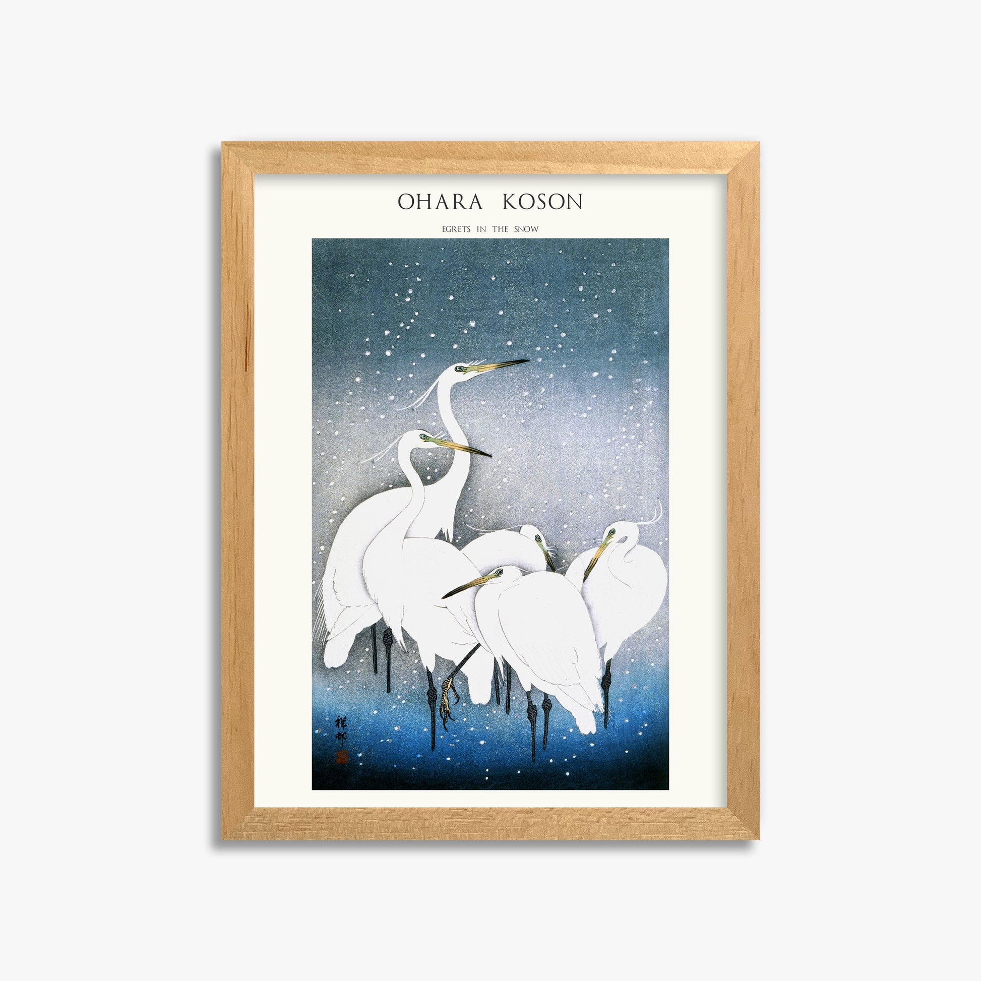 Ohara Koson: Egrets in the Snow - Japandi, 30x40cm Framed Art Reproduction With Oak Frame