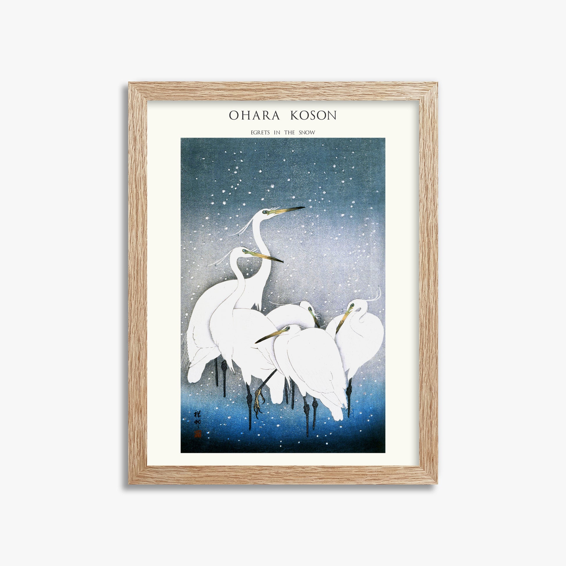 Ohara Koson: Egrets in the Snow - Japandi, 30x40cm Framed Art Reproduction With Raw Oak Frame