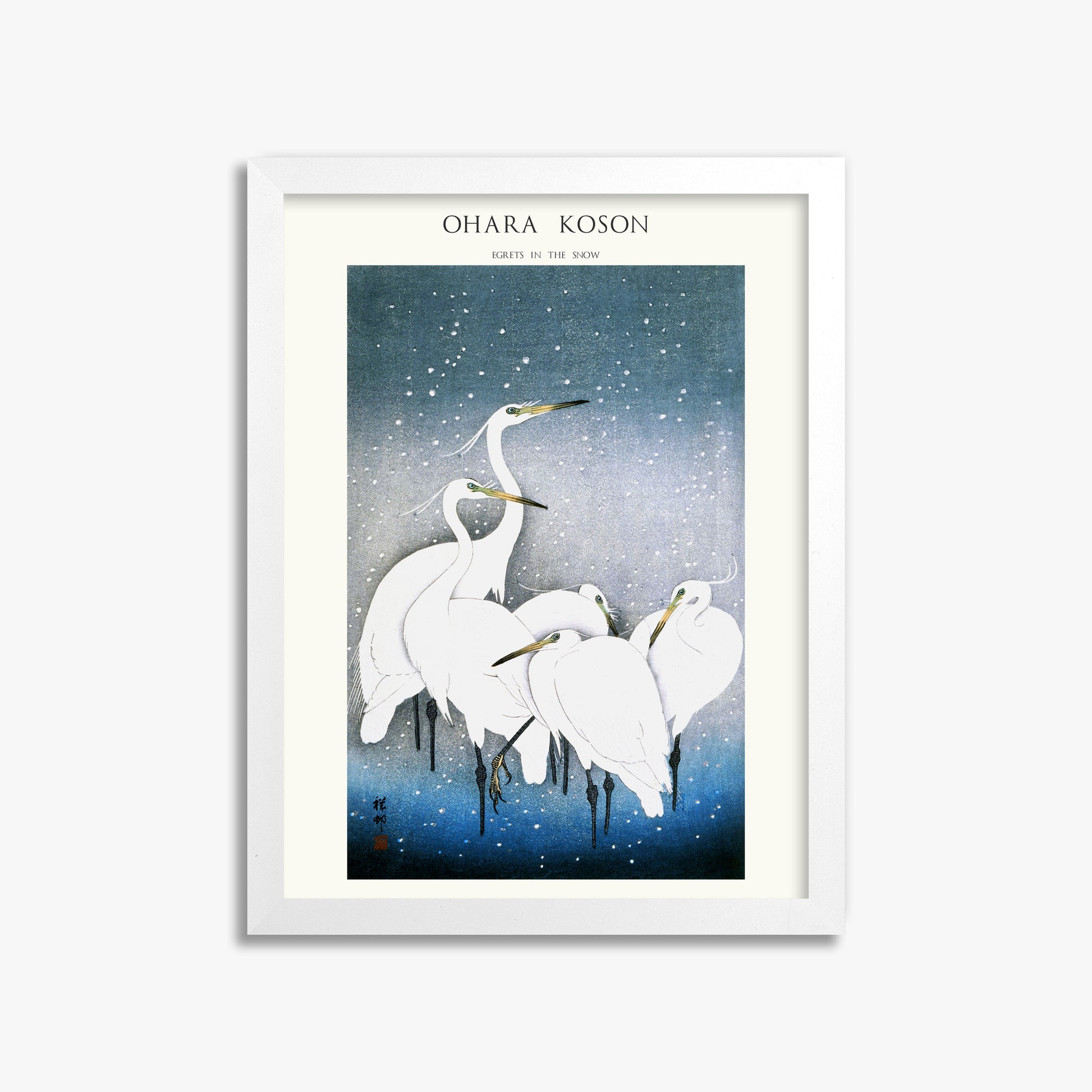 Ohara Koson: Egrets in the Snow - Japandi, 30x40cm Framed Art Reproduction With White Frame
