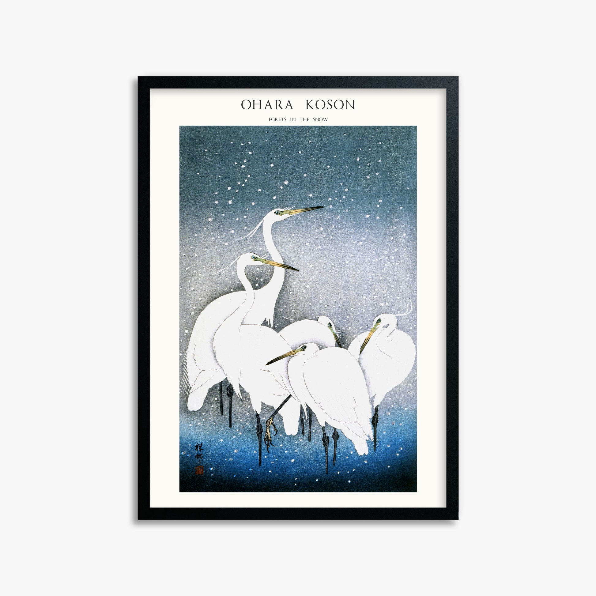 Ohara Koson: Egrets in the Snow - Japandi, 50x70cm Framed Art Reproduction With Black Frame