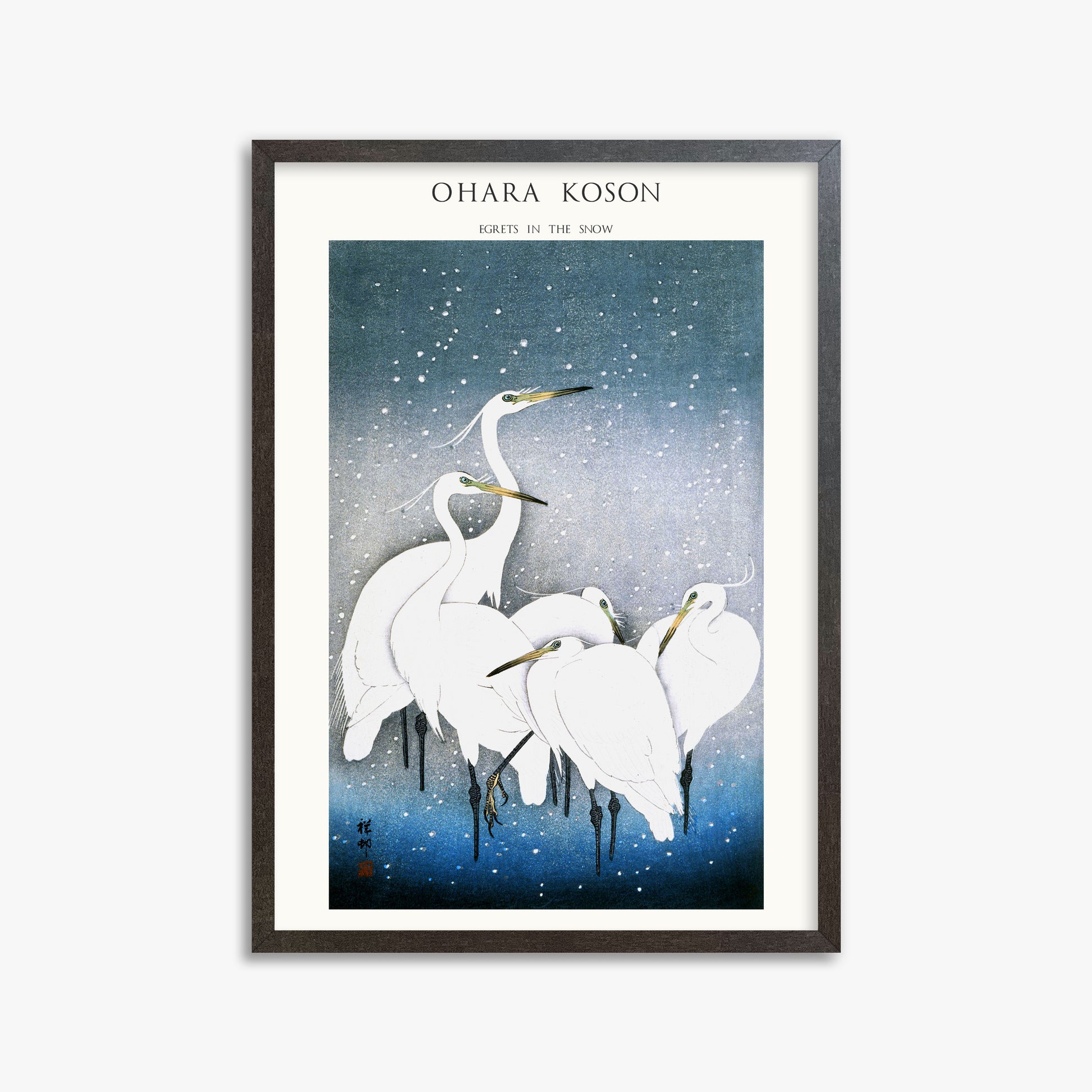 Ohara Koson: Egrets in the Snow - Japandi, 50x70cm Framed Art Reproduction With Espresso Frame