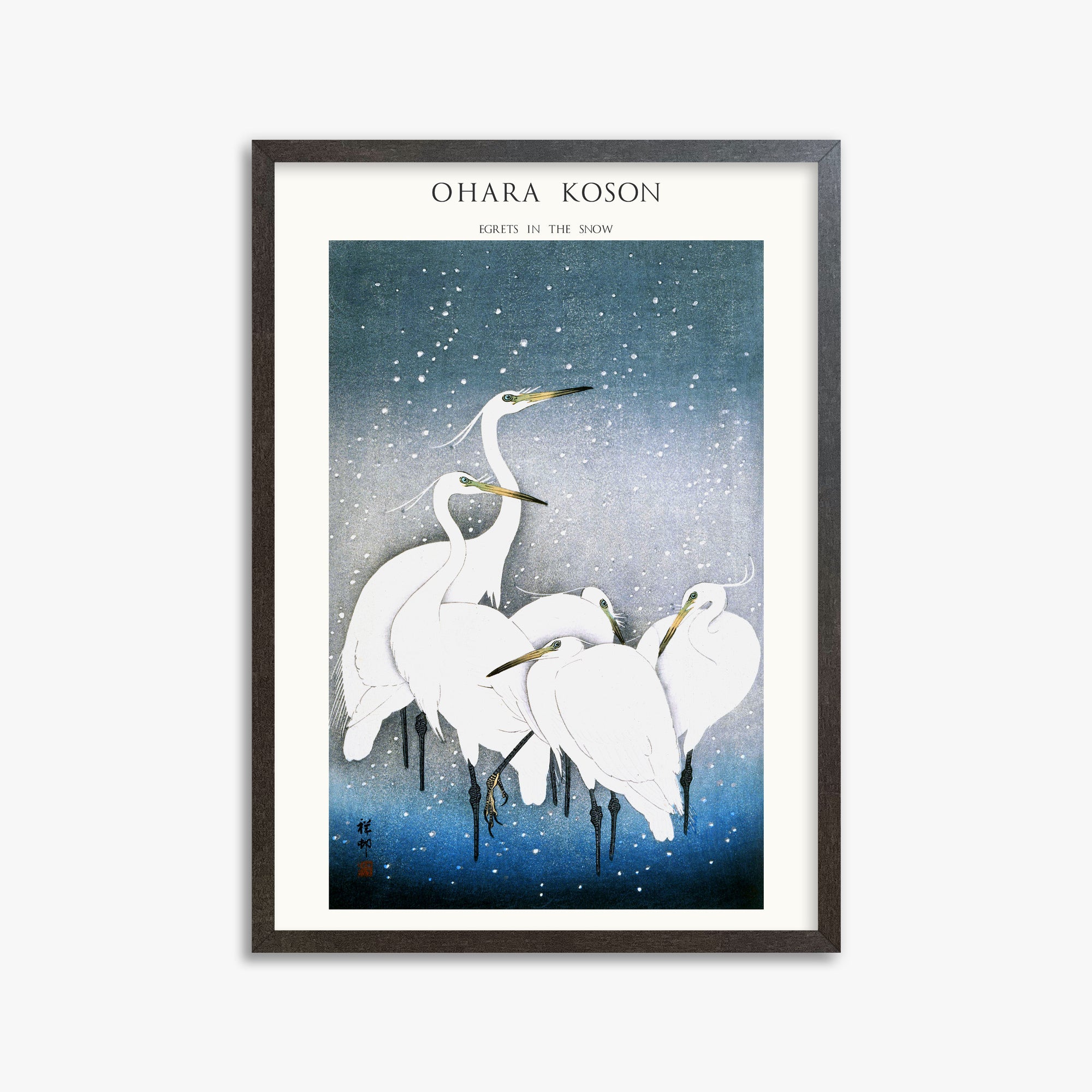 Ohara Koson: Egrets in the Snow - Japandi, 50x70cm Framed Art Reproduction With Espresso Frame