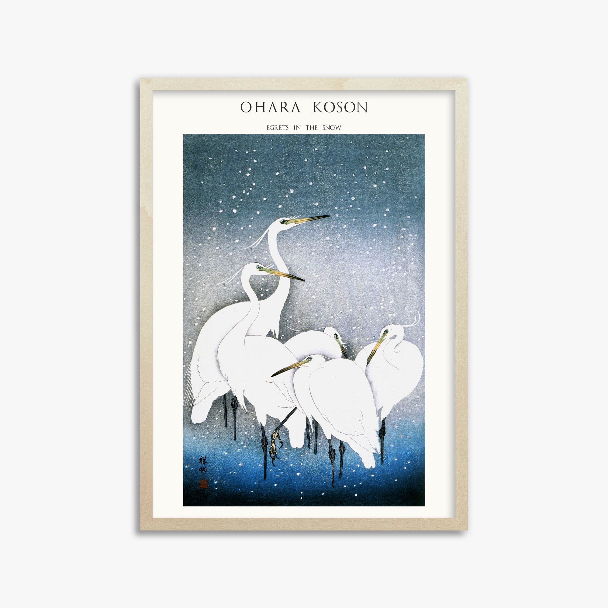 Ohara Koson: Egrets in the Snow - Japandi, 50x70cm Framed Art Reproduction With Lime Wood Frame