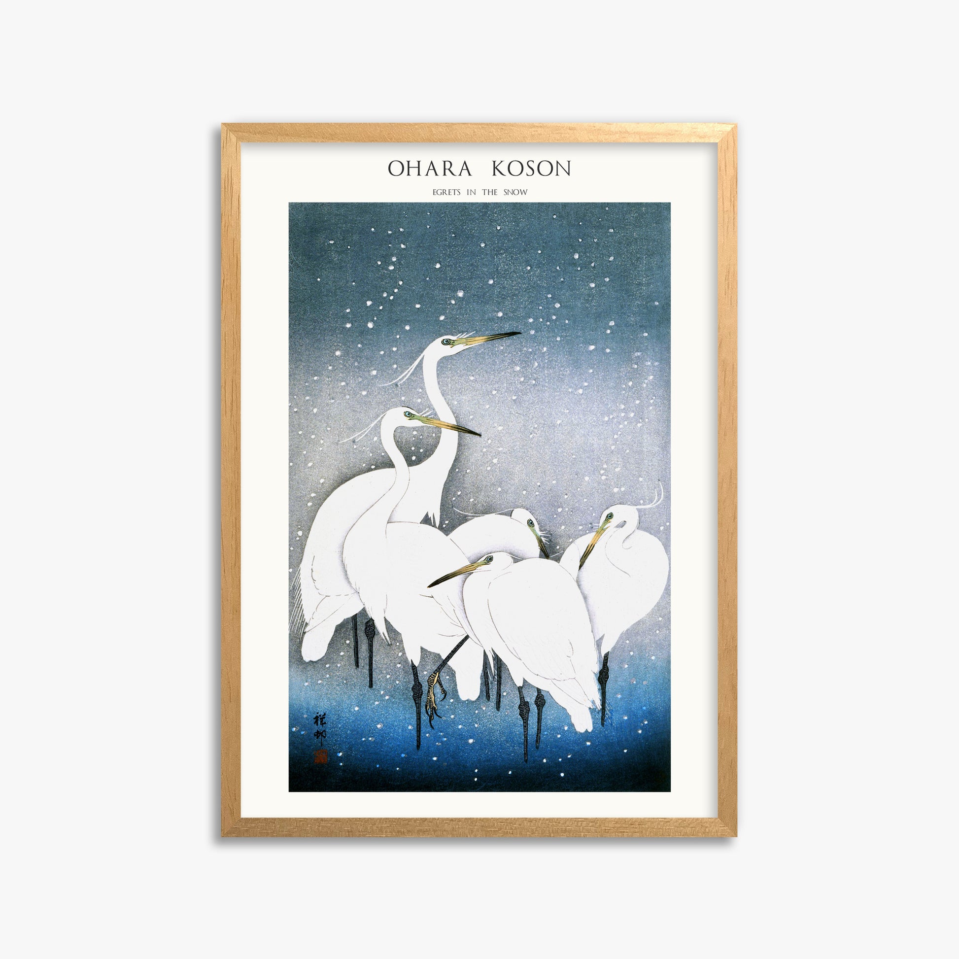 Ohara Koson: Egrets in the Snow - Japandi, 50x70cm Framed Art Reproduction With Oak Frame