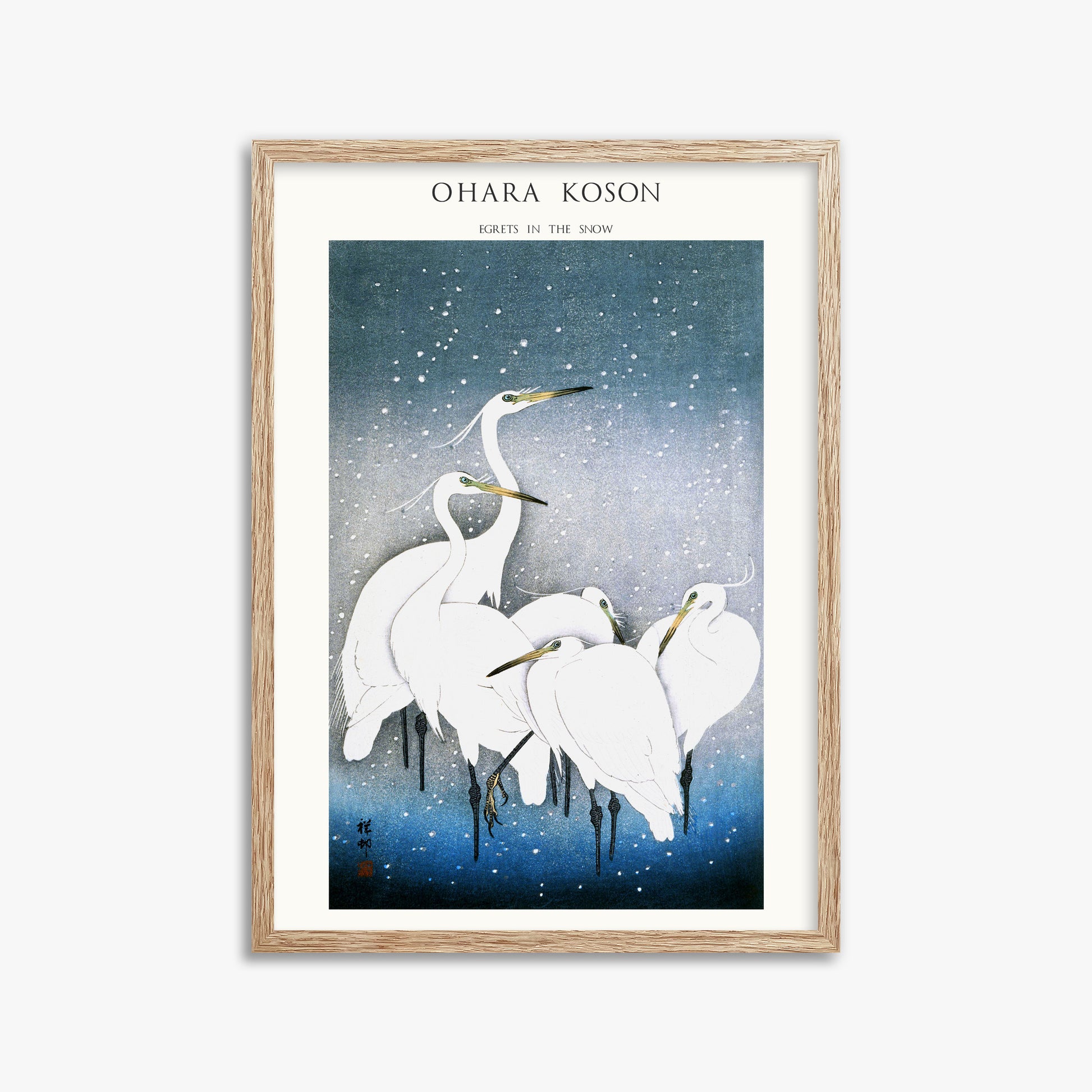 Ohara Koson: Egrets in the Snow - Japandi, 50x70cm Framed Art Reproduction With Raw Oak Frame