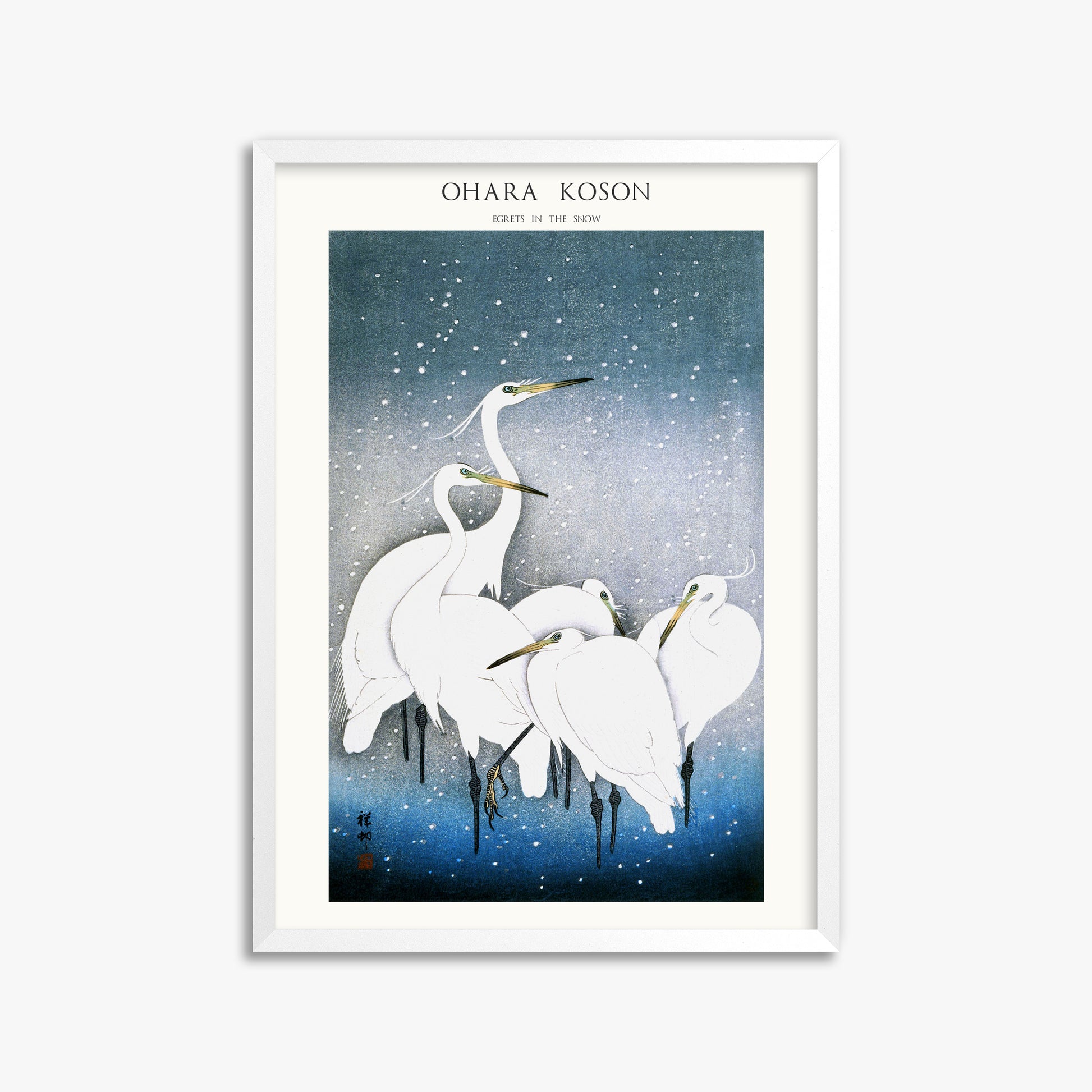 Ohara Koson: Egrets in the Snow - Japandi, 50x70cm Framed Art Reproduction With White Frame