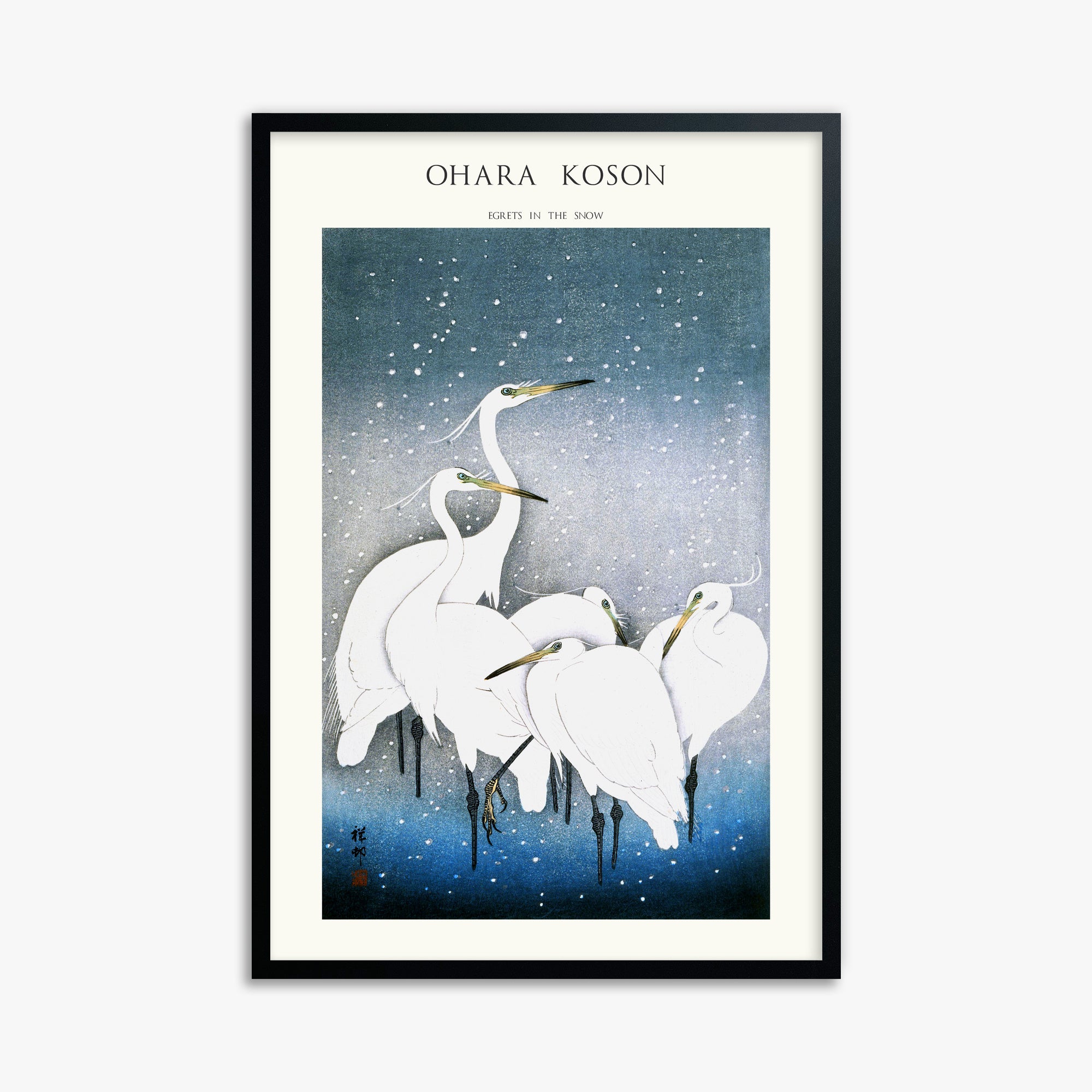 Ohara Koson: Egrets in the Snow - Japandi, 61x91cm Framed Art Reproduction With Black Frame