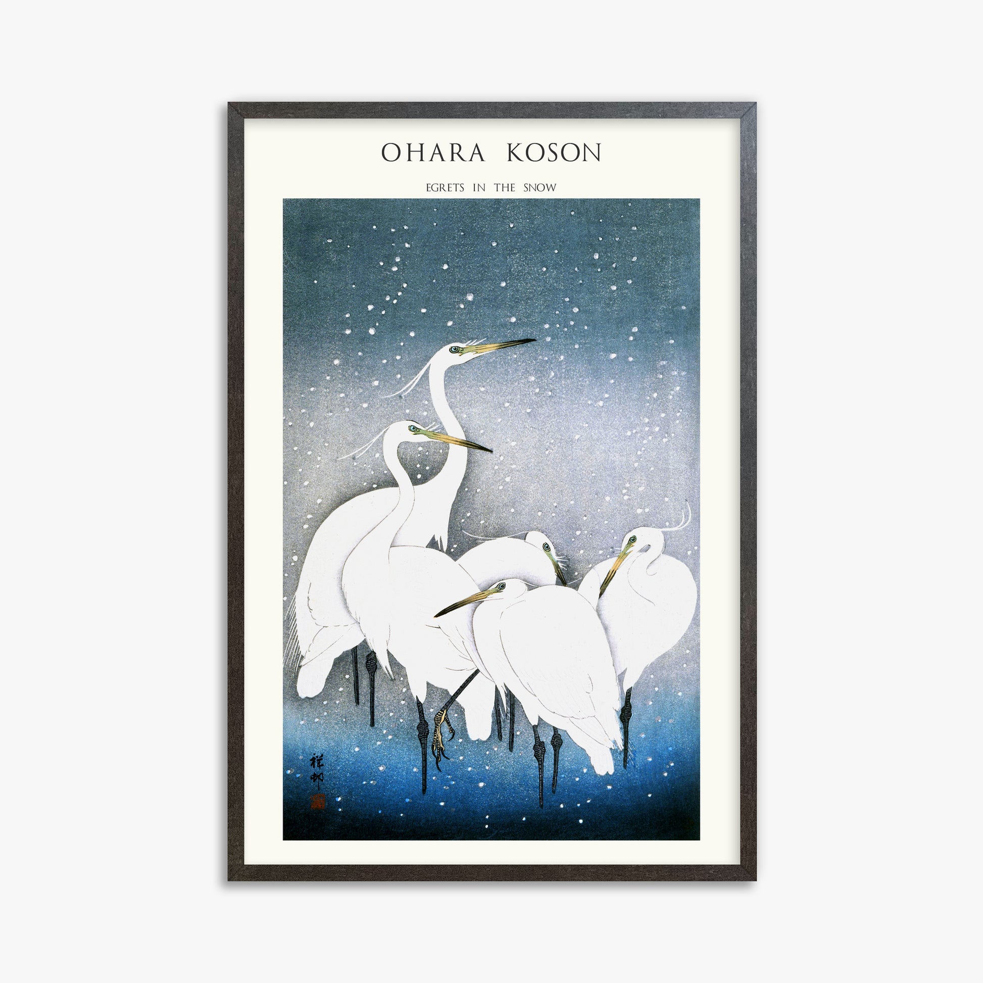 Ohara Koson: Egrets in the Snow - Japandi, 61x91cm Framed Art Reproduction With Espresso Frame