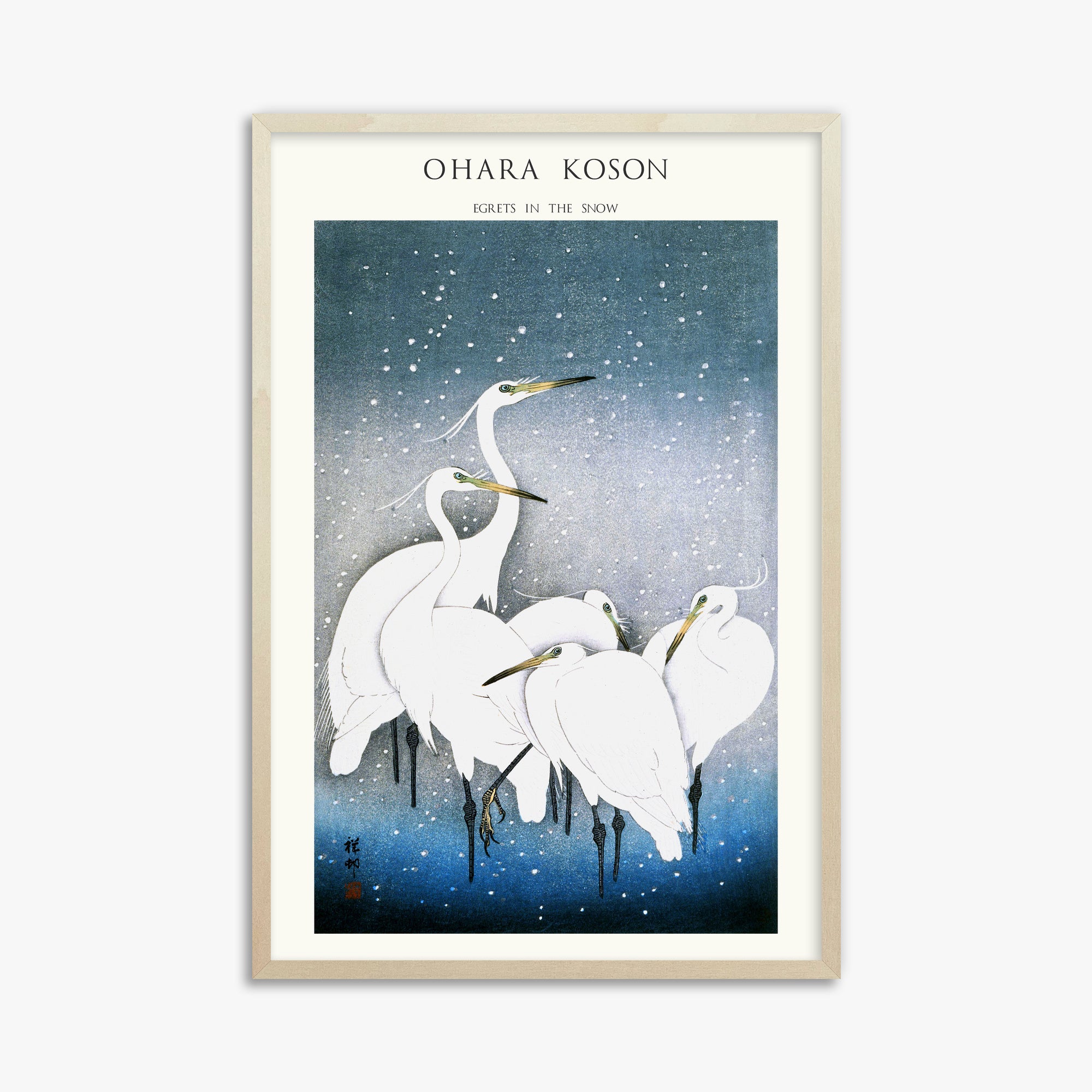 Ohara Koson: Egrets in the Snow - Japandi, 61x91cm Framed Art Reproduction With Lime Wood Frame