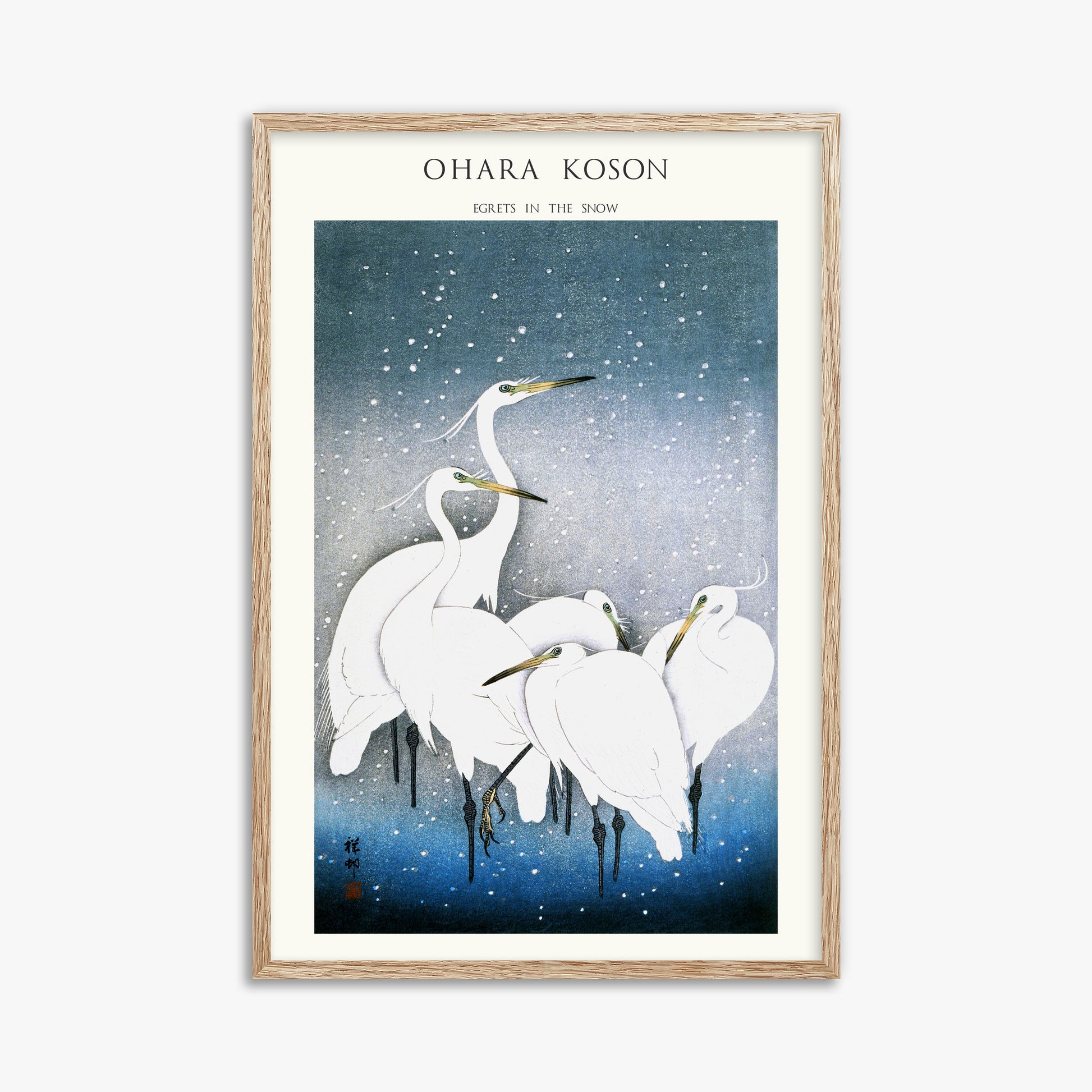 Ohara Koson: Egrets in the Snow - Japandi, 61x91cm Framed Art Reproduction With Raw Oak Frame