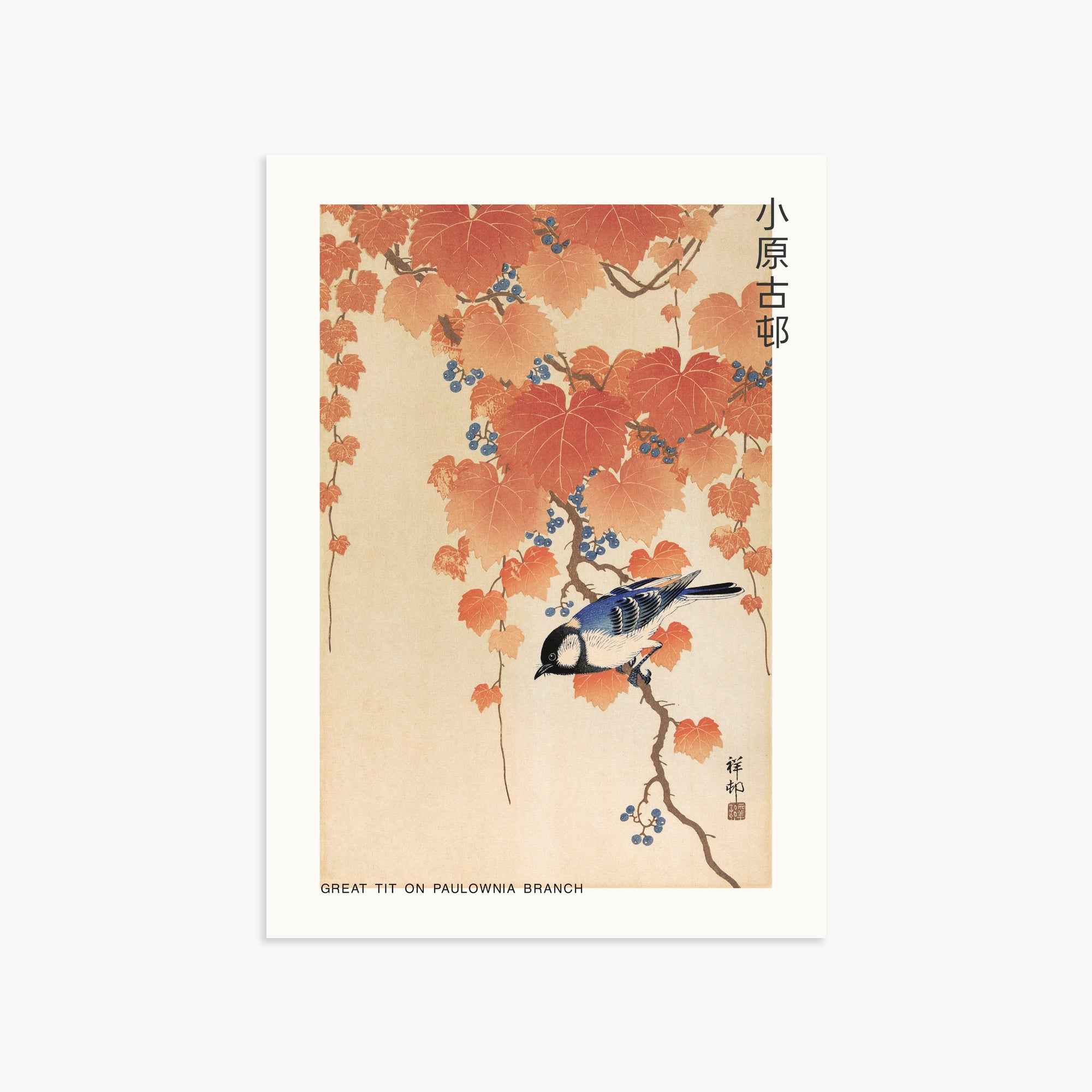 Ohara Koson: Great tit on paulownia branch - Japandi, 50x70cm Art Reproduction Unframed
