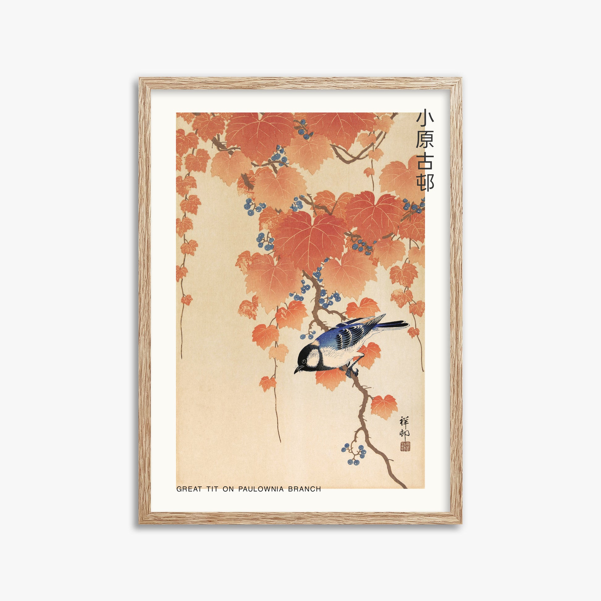 Ohara Koson: Great tit on paulownia branch - Japandi, 50x70cm Framed Art Reproduction With Raw Oak Frame