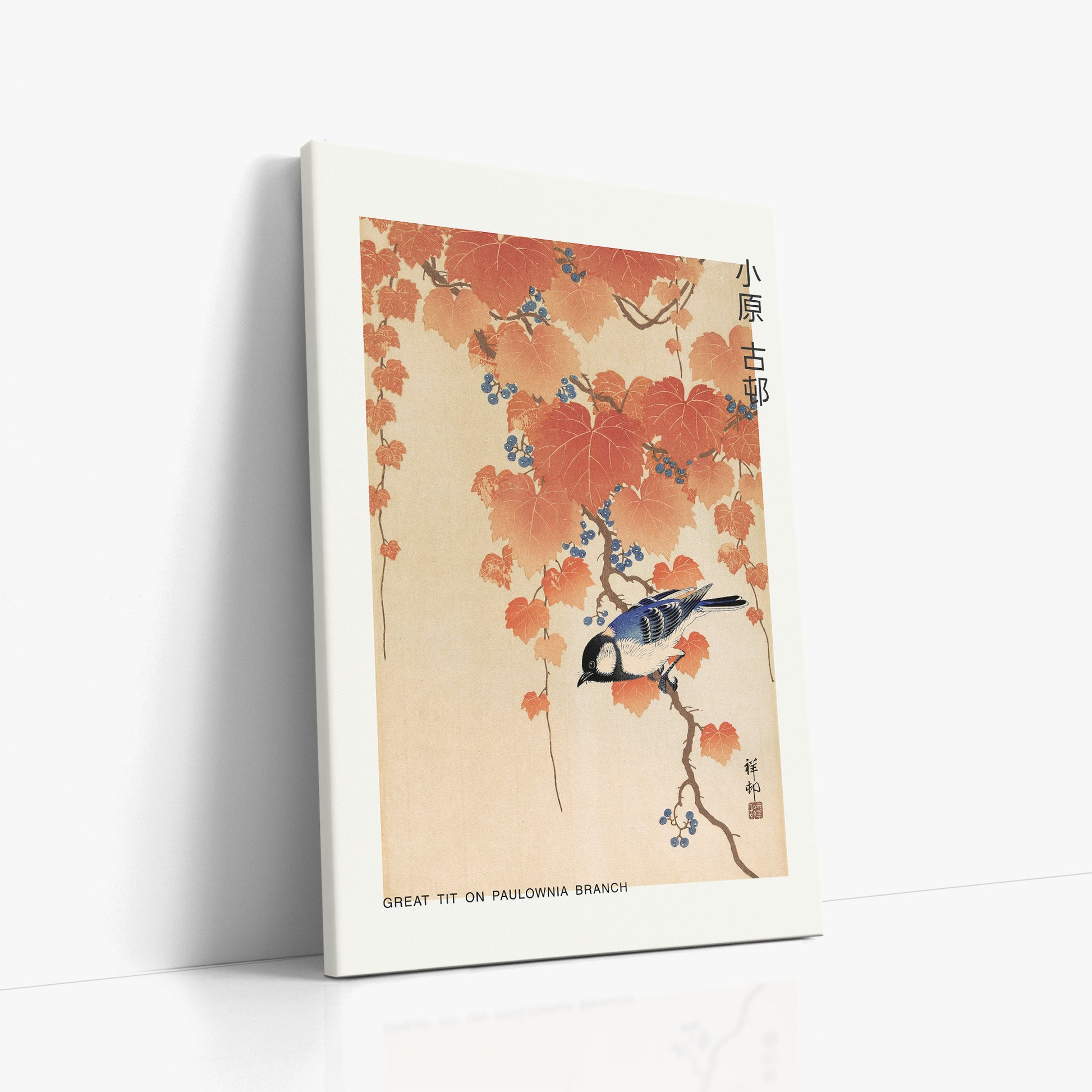 Ohara Koson: Great tit on paulownia branch - Japandi, 60x90cm Satin Canvas Art Reproduction Left Angle