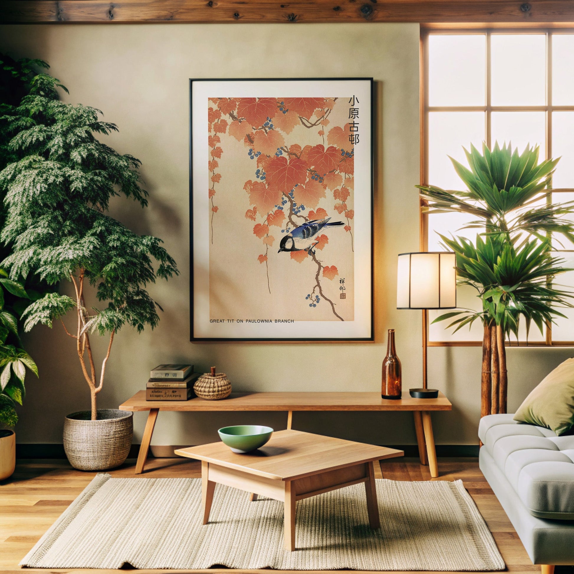 Design Concept No. 32 for Ohara Koson: Great tit on paulownia branch - Japandi Japanese Wall Art