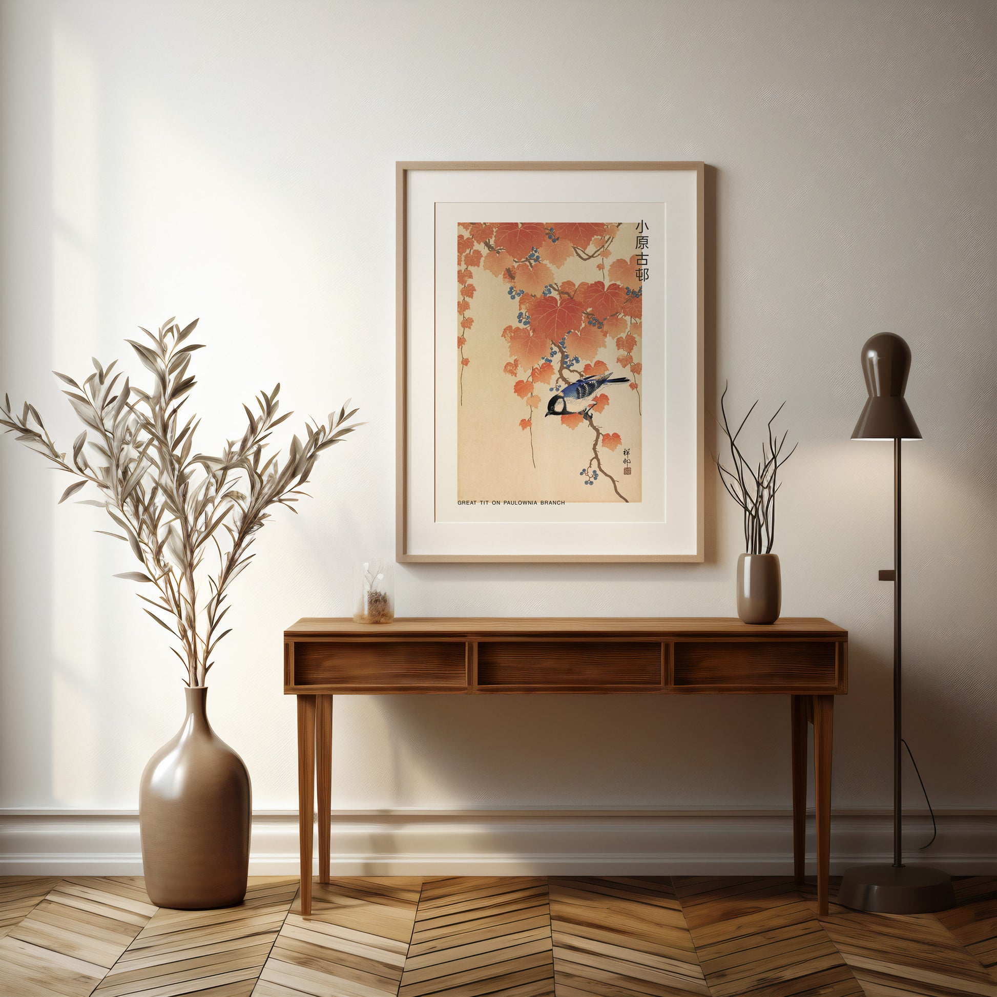 Design Concept No. 37 for Ohara Koson: Great tit on paulownia branch - Japandi Japanese Wall Art