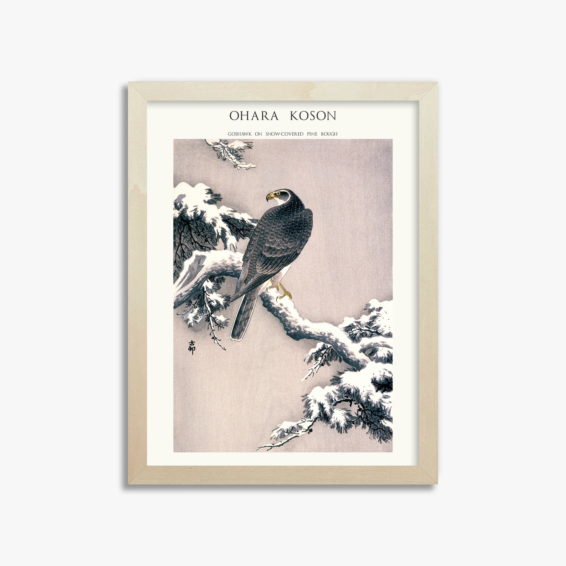 Ohara Koson: Goshawk on Snow-covered Pine Bough  - Japandi, 30x40cm Framed Art Reproduction With Lime Wood Frame